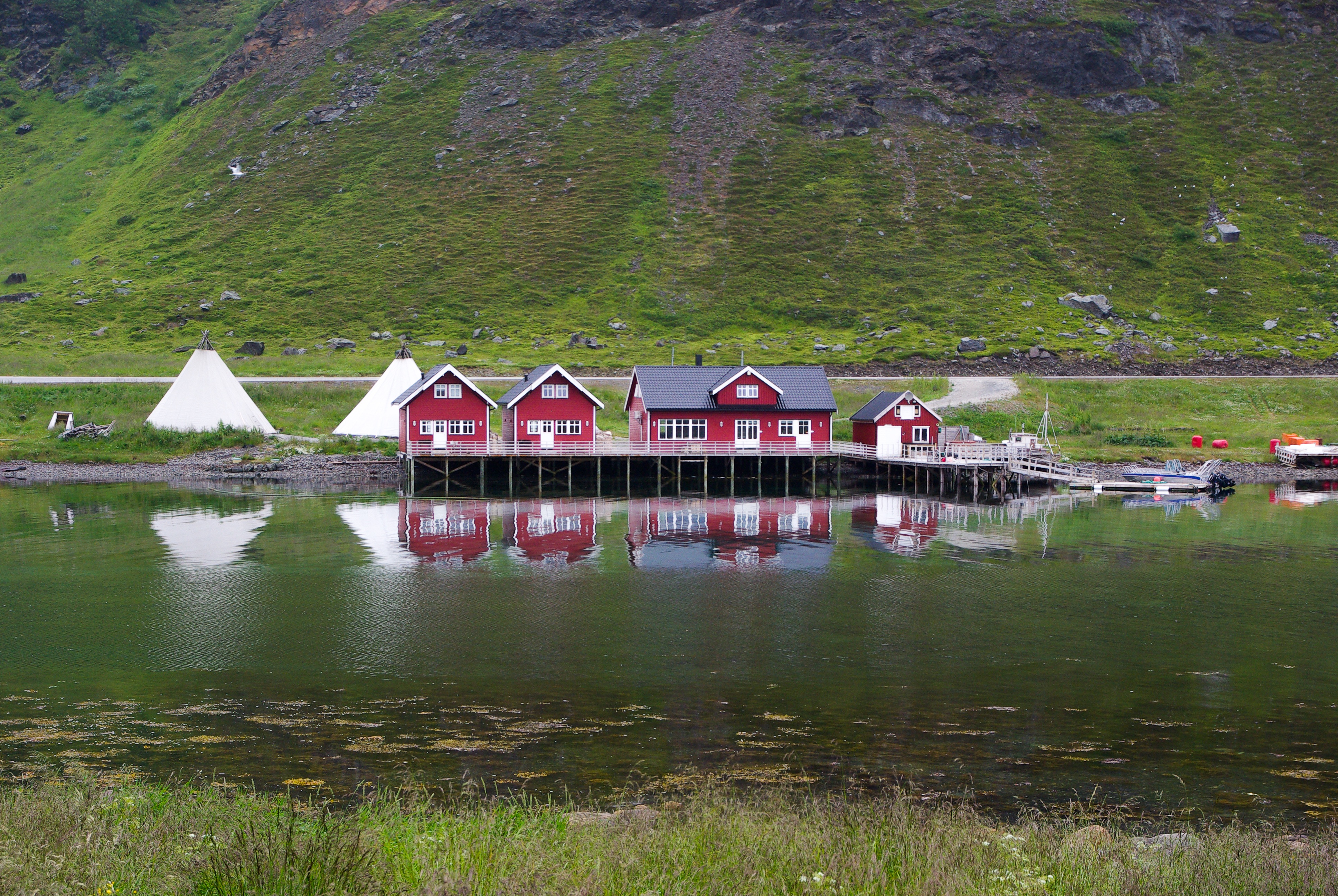 day, nature, architecture, house, reflection, tree, built structure, building exterior, nautical vessel, 4K, fjord, lapland, waterfront, norway, growth, HD Wallpaper
