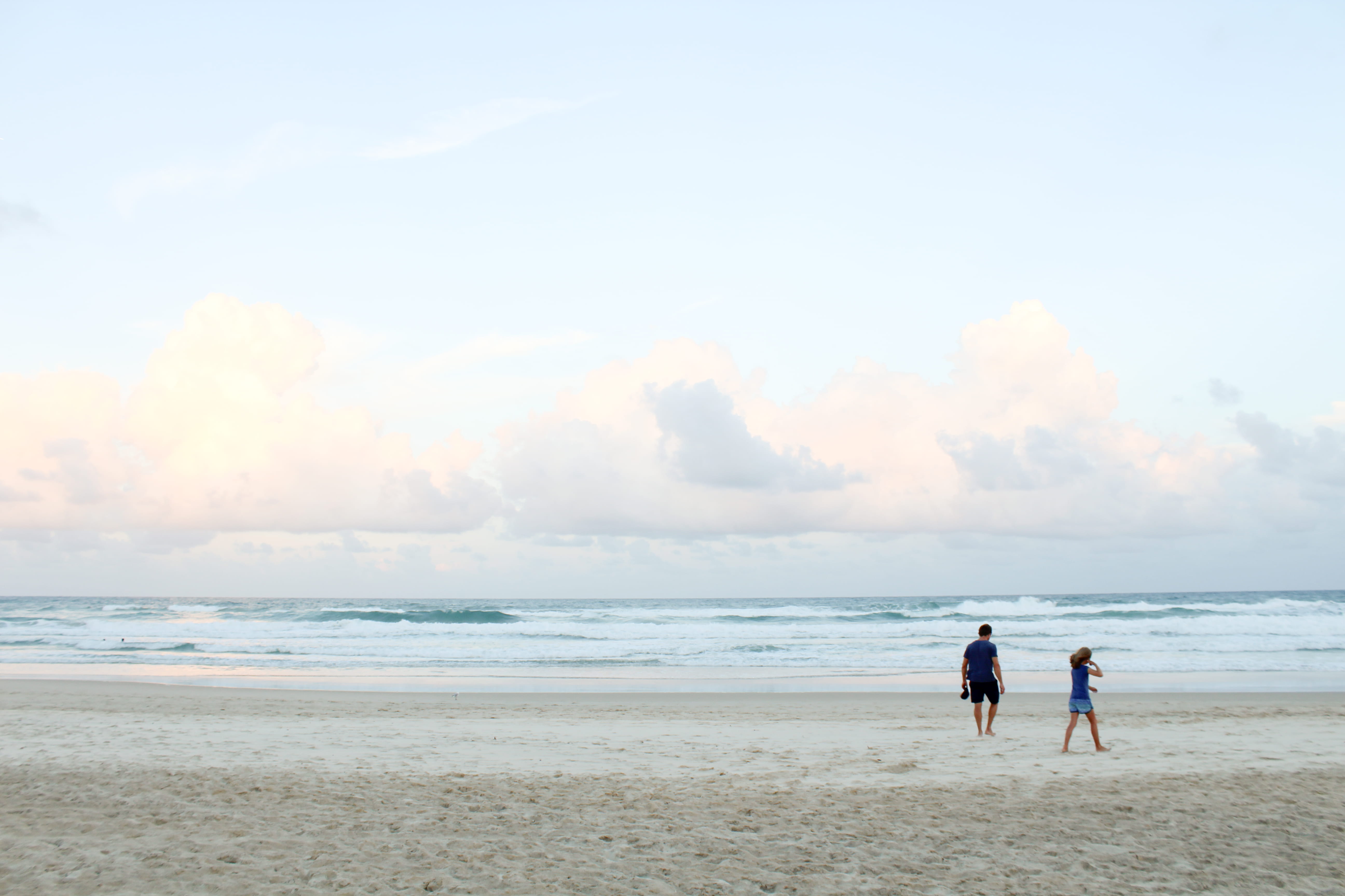 bonding, men, soft, sunrise, ocean, people walking, cloud - sky, couple - relationship, broadbeach, pastel sky, australia, outdoors, chill, sand, 5K, real people, HD Wallpaper