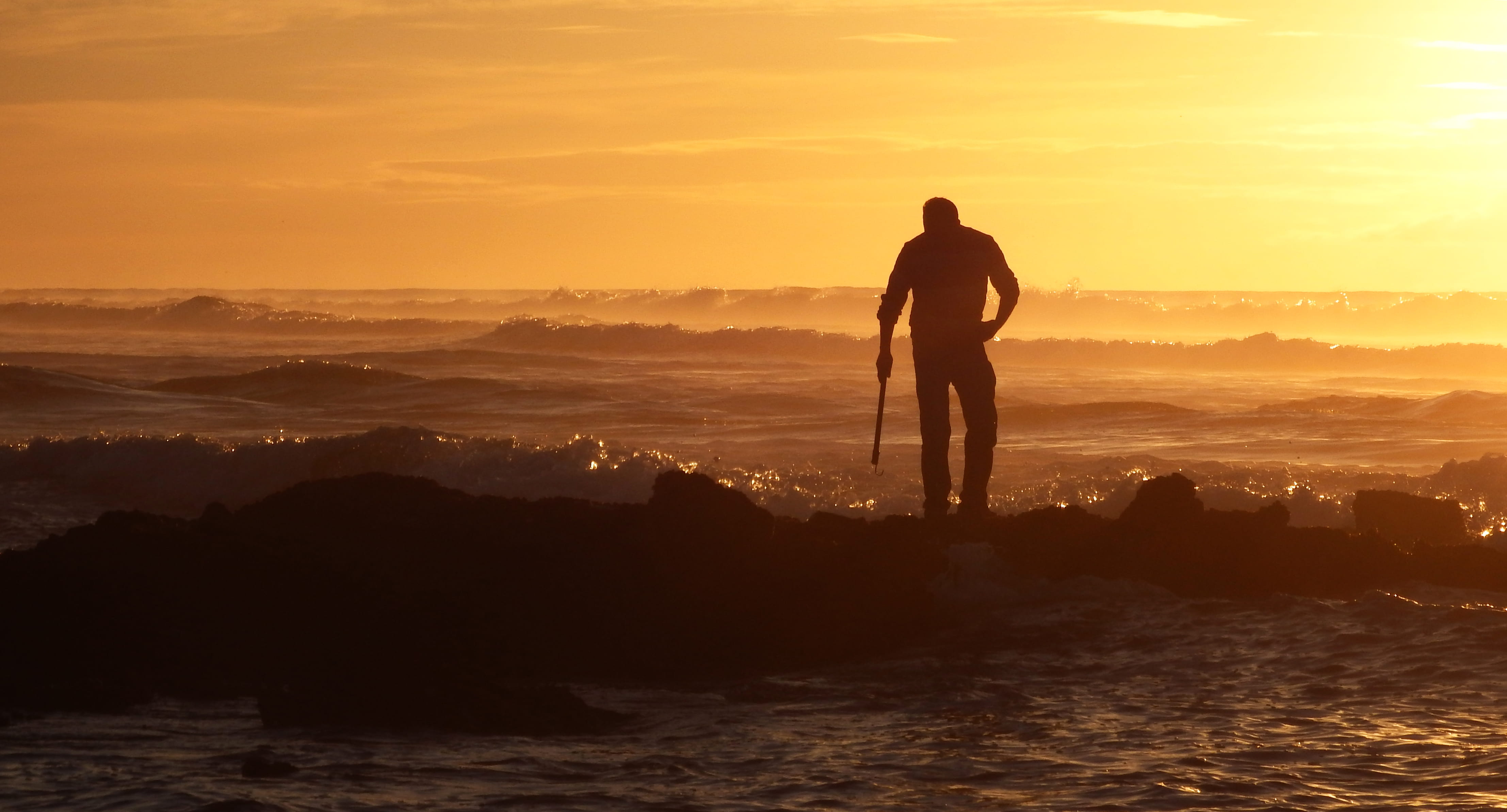 flare, waves, sunrise, beside, casablanca, light, atlantic, orange color, tranquility, leisure activity, outdoors, one person, nature, tranquil scene, silhouette, HD Wallpaper