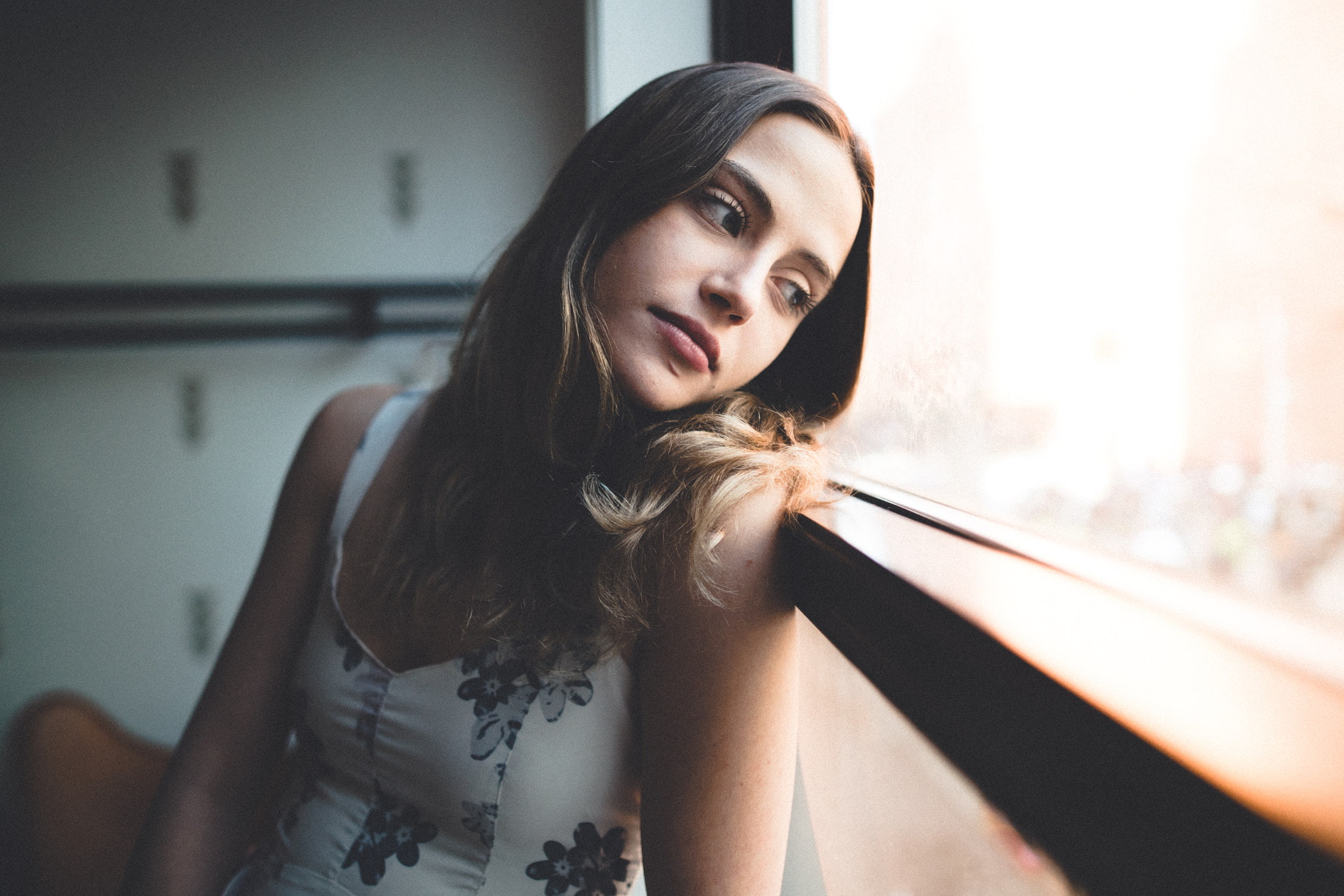 brown eyes, Zach Allia, portrait, face, brunette, 1080P, women, white clothing, HD Wallpaper