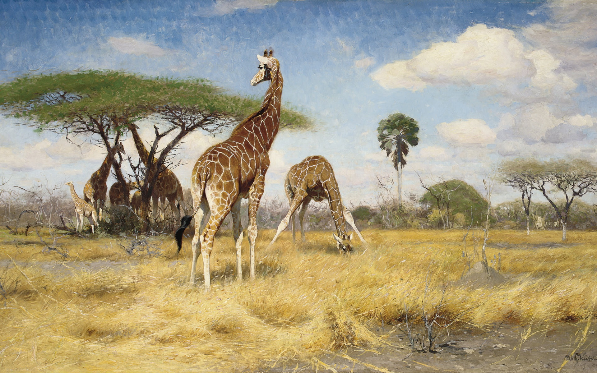 German painter, Giraffes, 1080P, Friedrich Wilhelm Kunert, Friedrich Wilhelm Kuhnert, HD Wallpaper