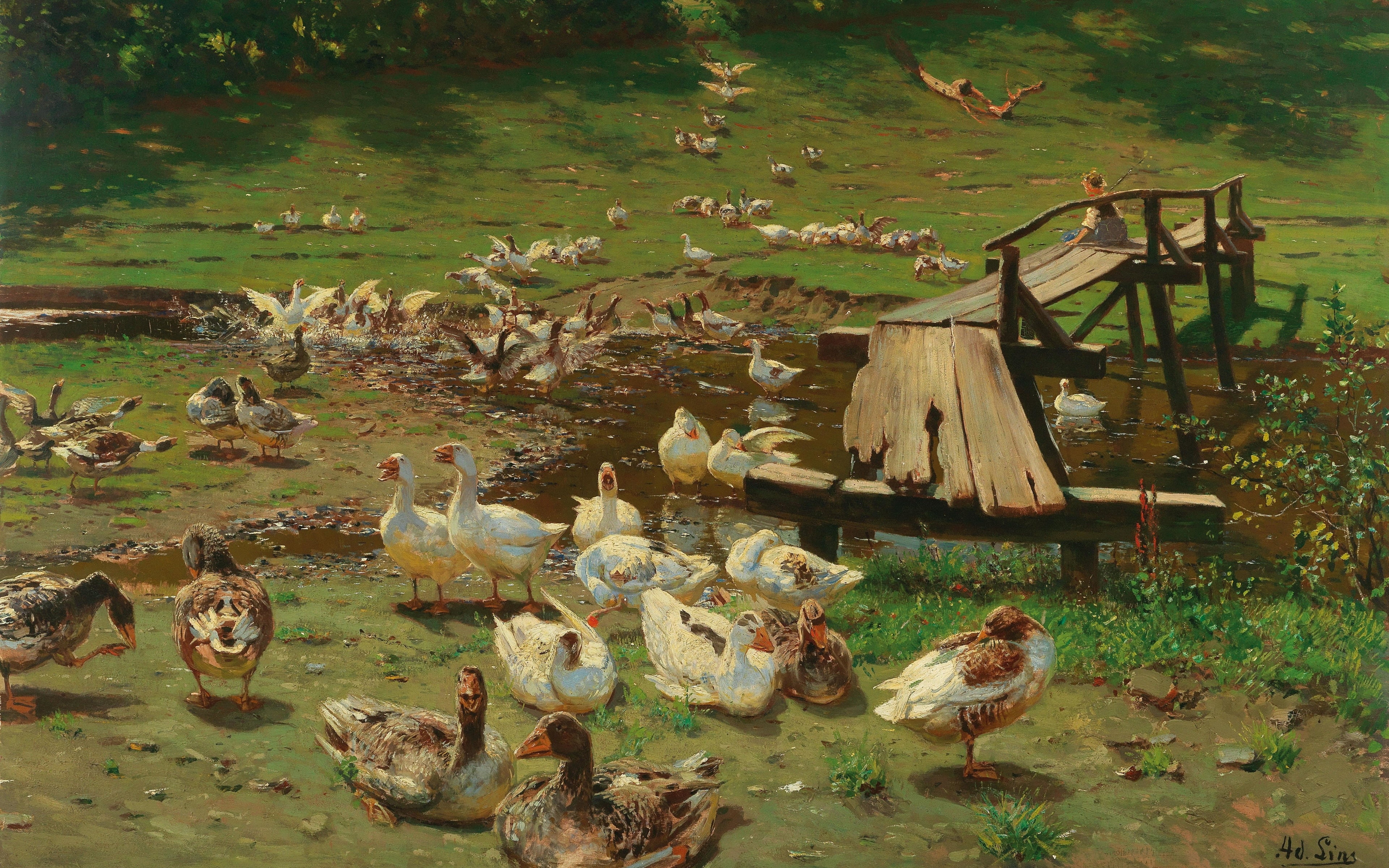 1905, Summer day Geese at the pond, Düsseldorf school of painting, 4K, A summer day. Geese by a pond, German painter, The Dusseldorf school of art, Adolf, HD Wallpaper