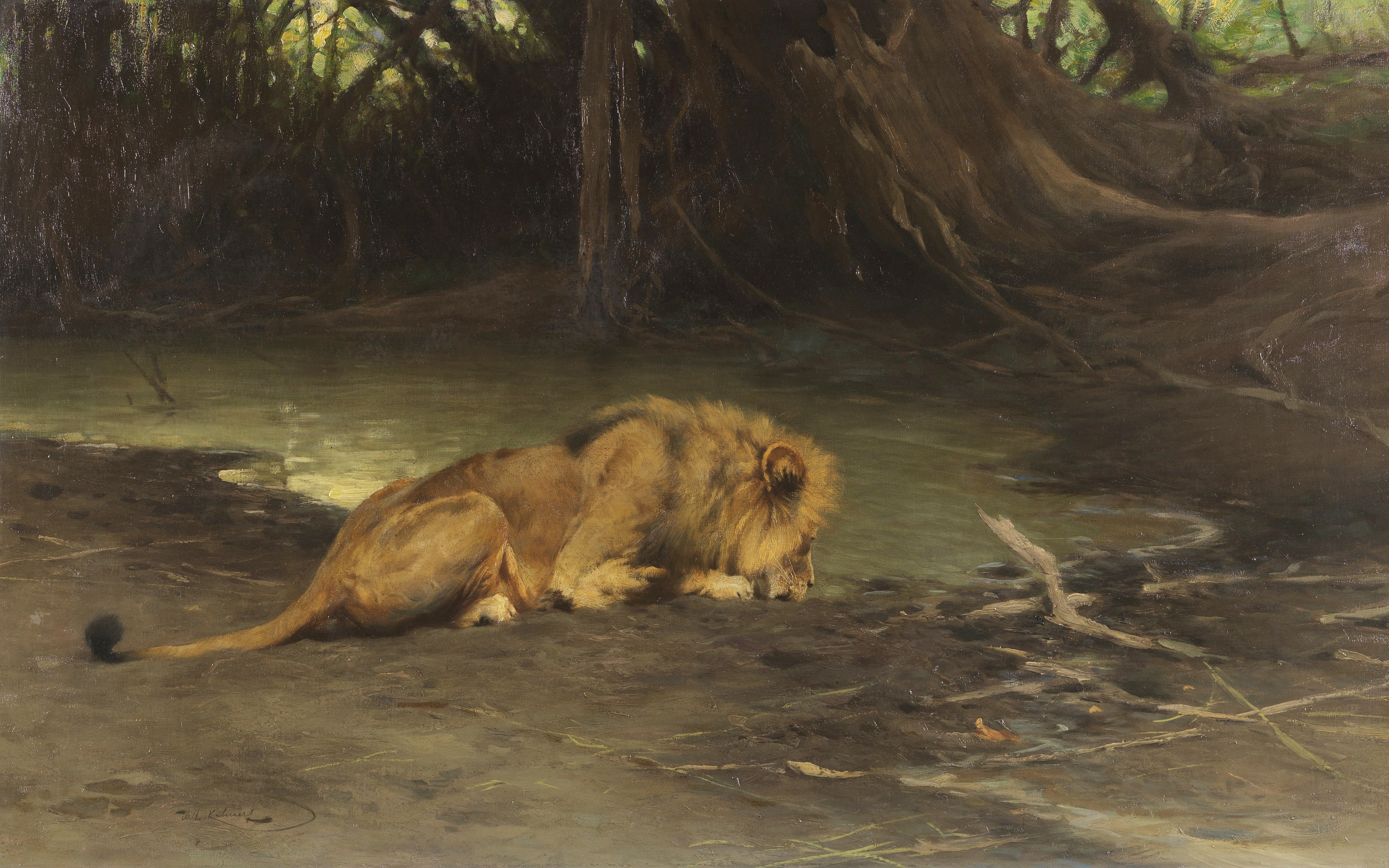 Friedrich Wilhelm Kuhnert, German painter, Friedrich Wilhelm Kunert, Lion on a watering place, 4K, Lion at the watering hole, HD Wallpaper