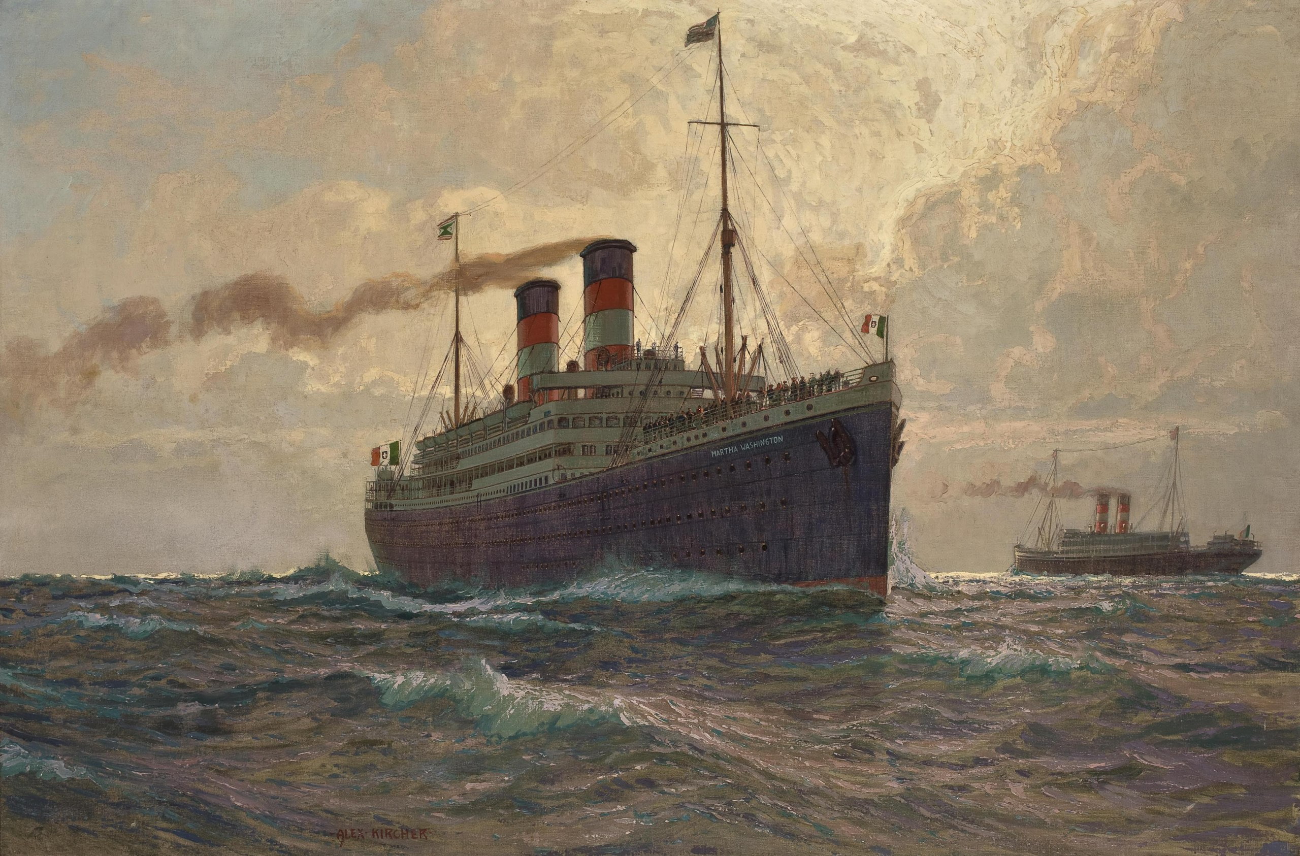 ship, 2K, passengers, sea, pipe, smoke, albert emil kirchner, wave, HD Wallpaper