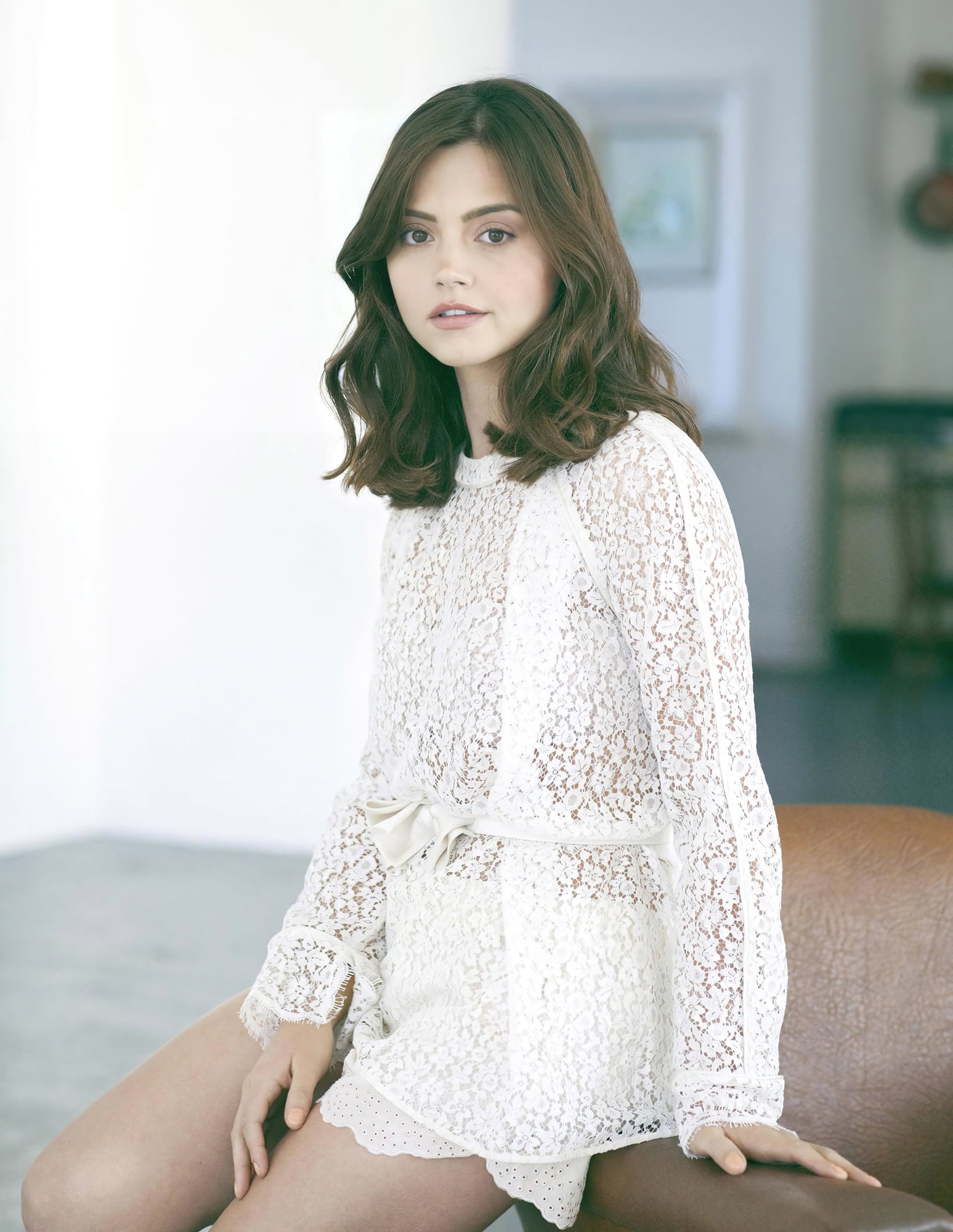 indoors, sitting, Jenna Louise Coleman, long hair, white clothing, actress, women, 1080P, Phone HD Wallpaper