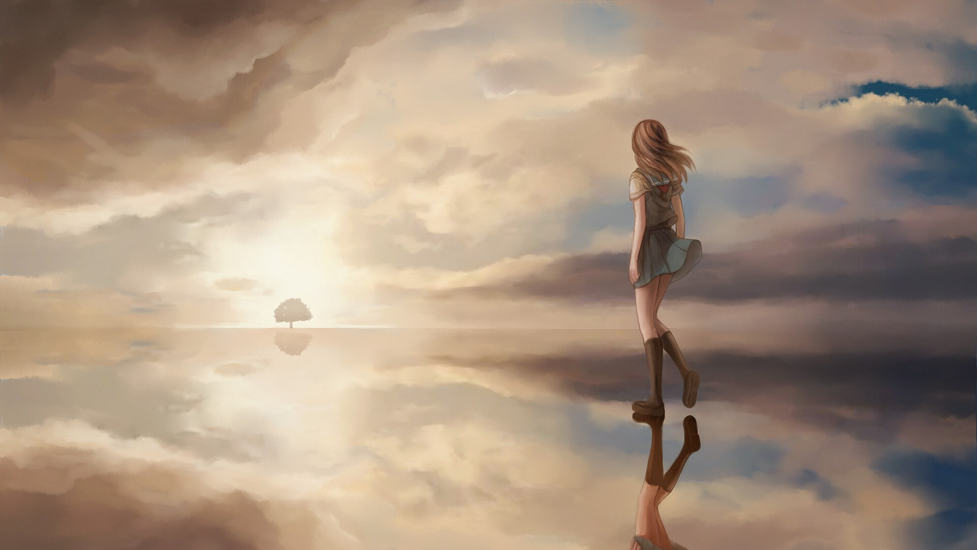 walking, anime, alternative, girls, clouds, 1080P, anime girls, alternative art, art, artwork, tree, HD Wallpaper