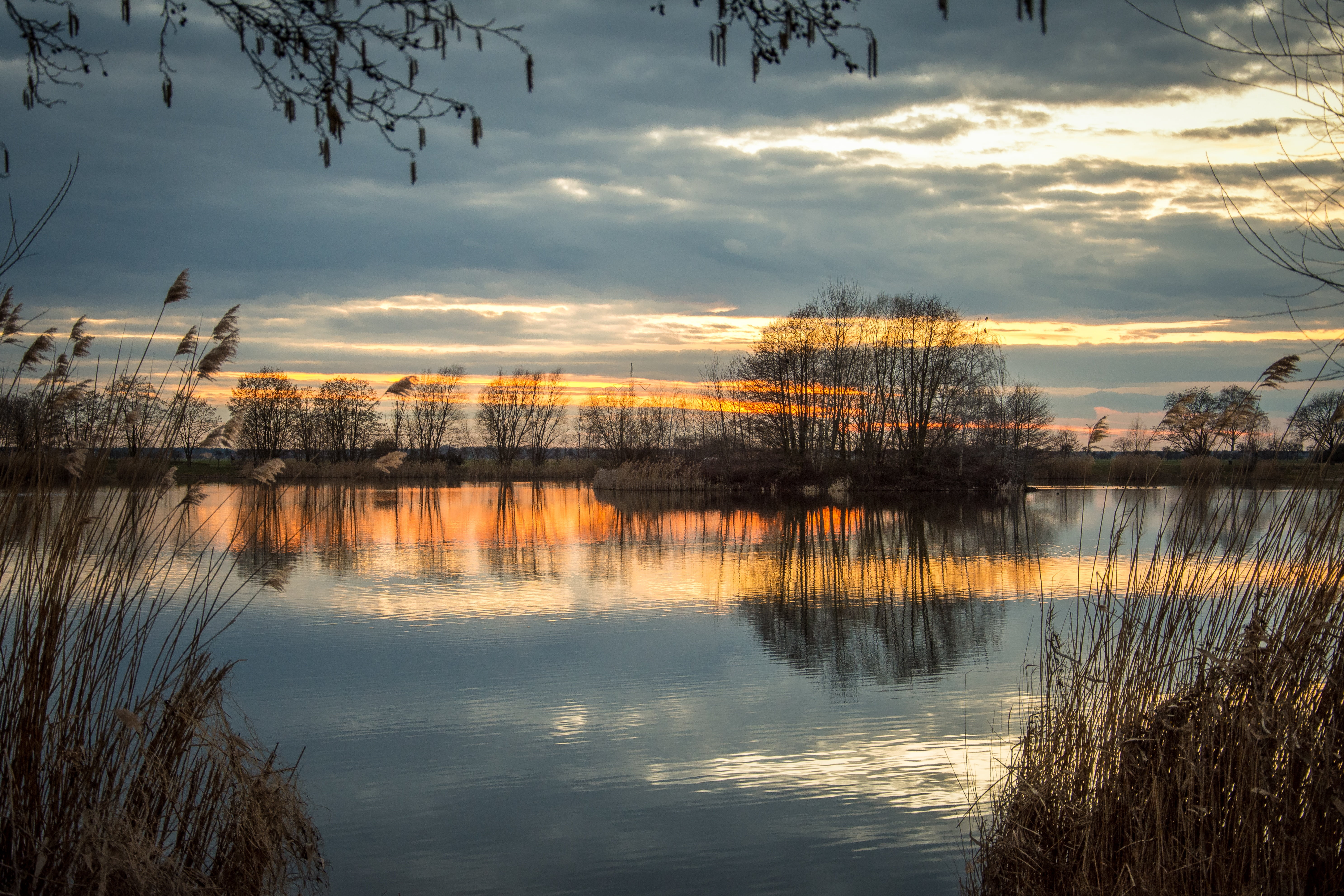 atmospheric, abendstimmung, silhouette, reflection lake, mood, romance, mirroring, evening sky, tranquility, reflective, back light, nature, idyllic, twilight, HD Wallpaper
