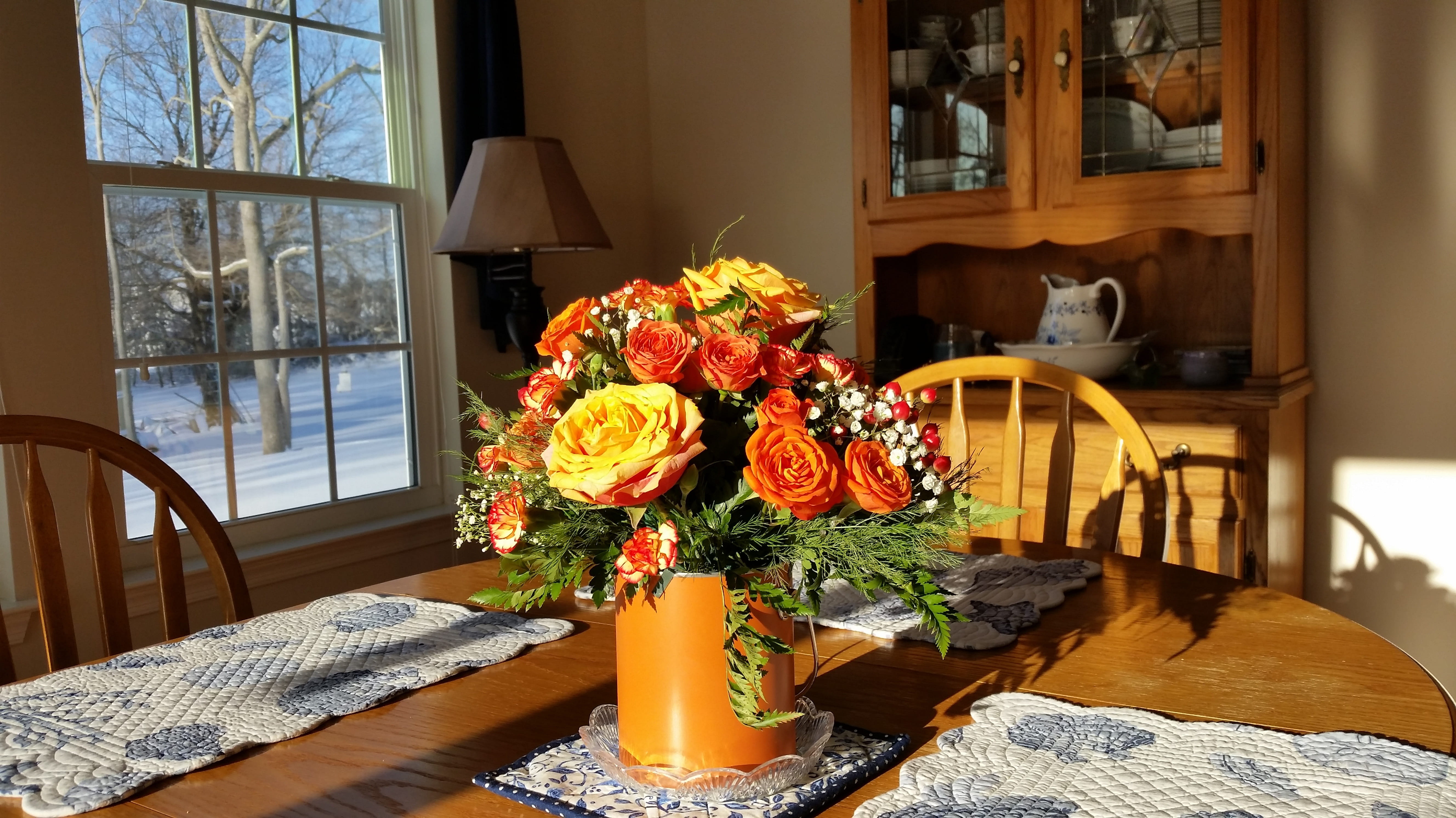 sunlight, rustic, flowers, arrangement, beauty in nature, flower head, seat, home, furniture, window, dining, colorful, orange, vulnerability, home interior, HD Wallpaper