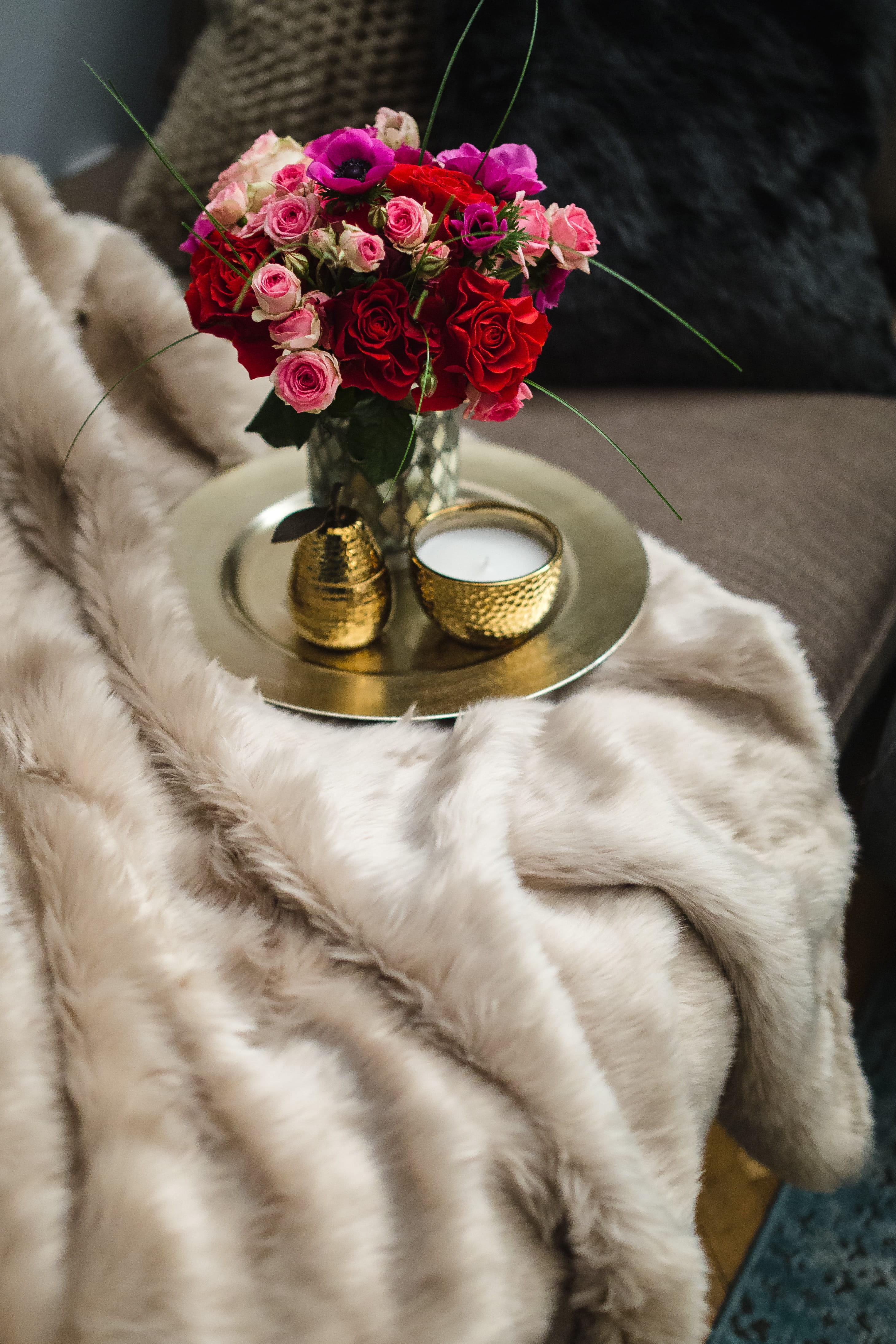 no people, close-up, golden, furniture, rose, red, candle, romantic, indoors, flower, table, high angle view, focus on foreground, plant, lovely, selective focus, Phone HD Wallpaper