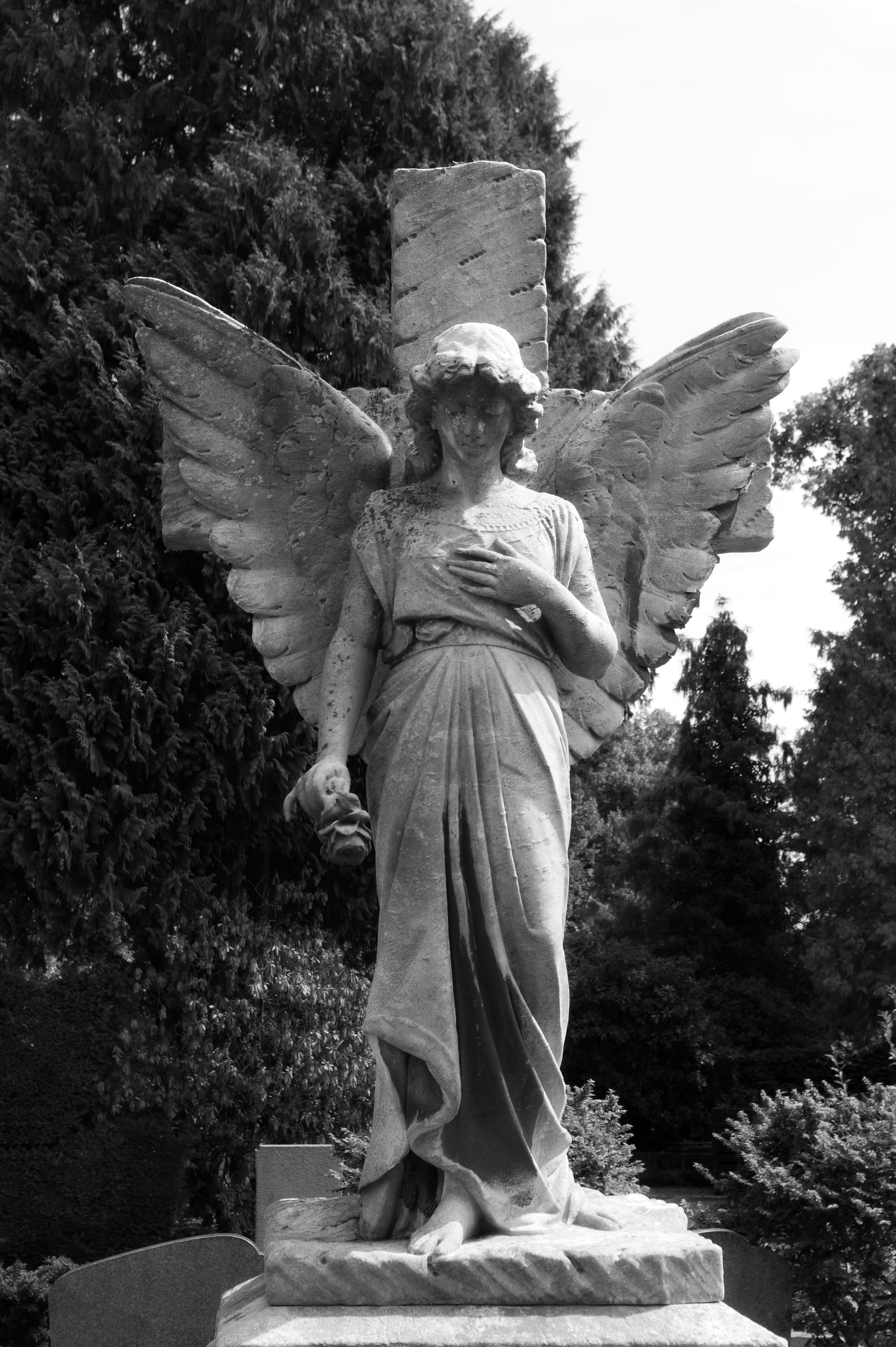 4K, male likeness, nature, female likeness, art and craft, mourning, animal wing, no people, black, despair, fog, craft, religion, day, sculpture, plant, Phone HD Wallpaper