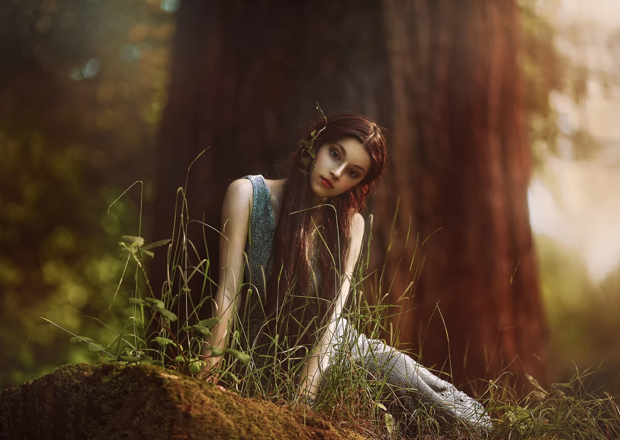 sleeveless, beauty, one person, leisure activity, 1080P, land, contemplation, blue, nature, adult, girl, daytime, plant, forest, real people, tree, outdoors, HD Wallpaper