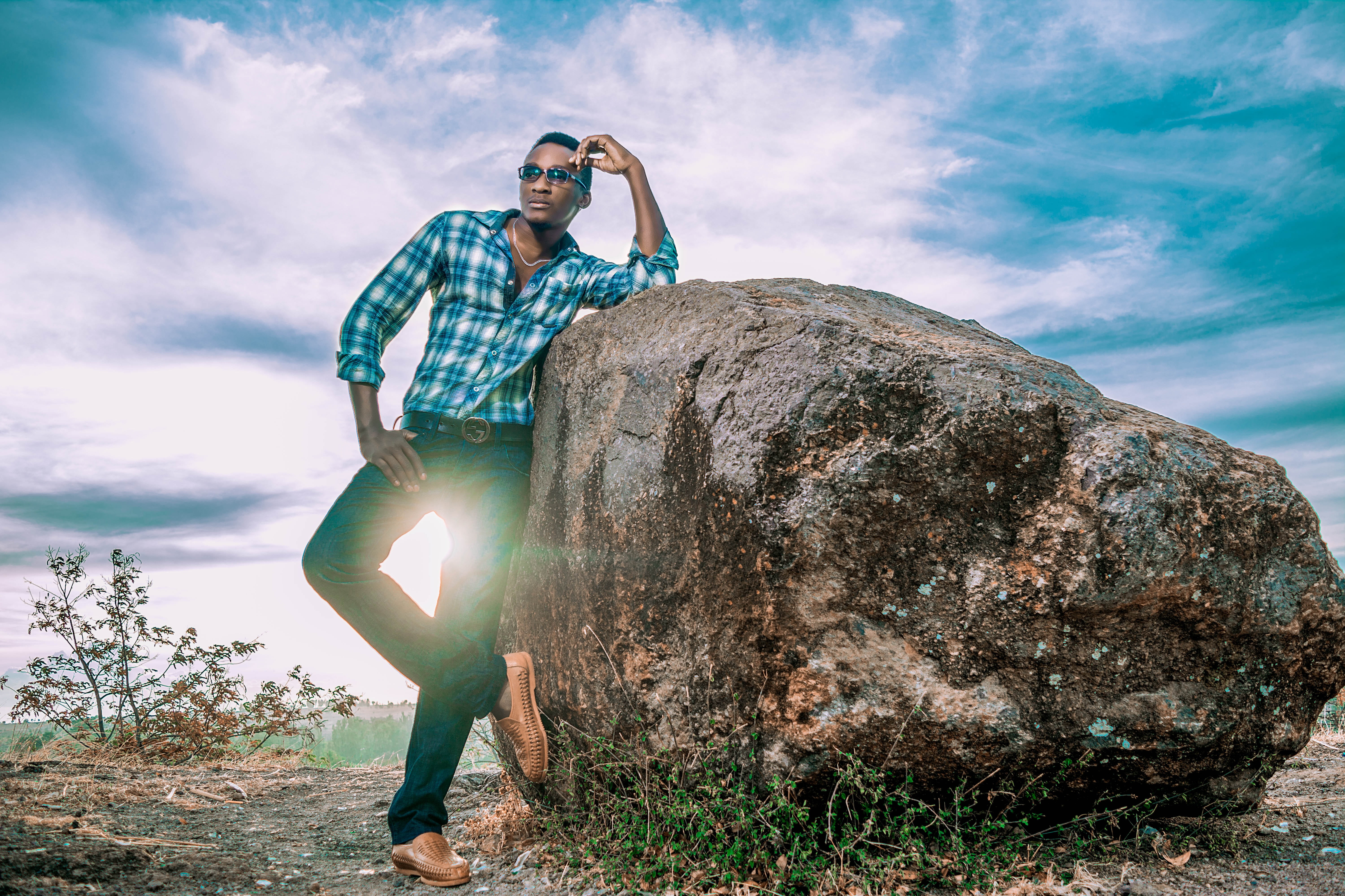 sky, style, mountain, adventure, full length, outdoor, men, rock, people, hiking, wearing, sunlight, boulders, 5K, outdoors, model, portrait, lifestyle, HD Wallpaper