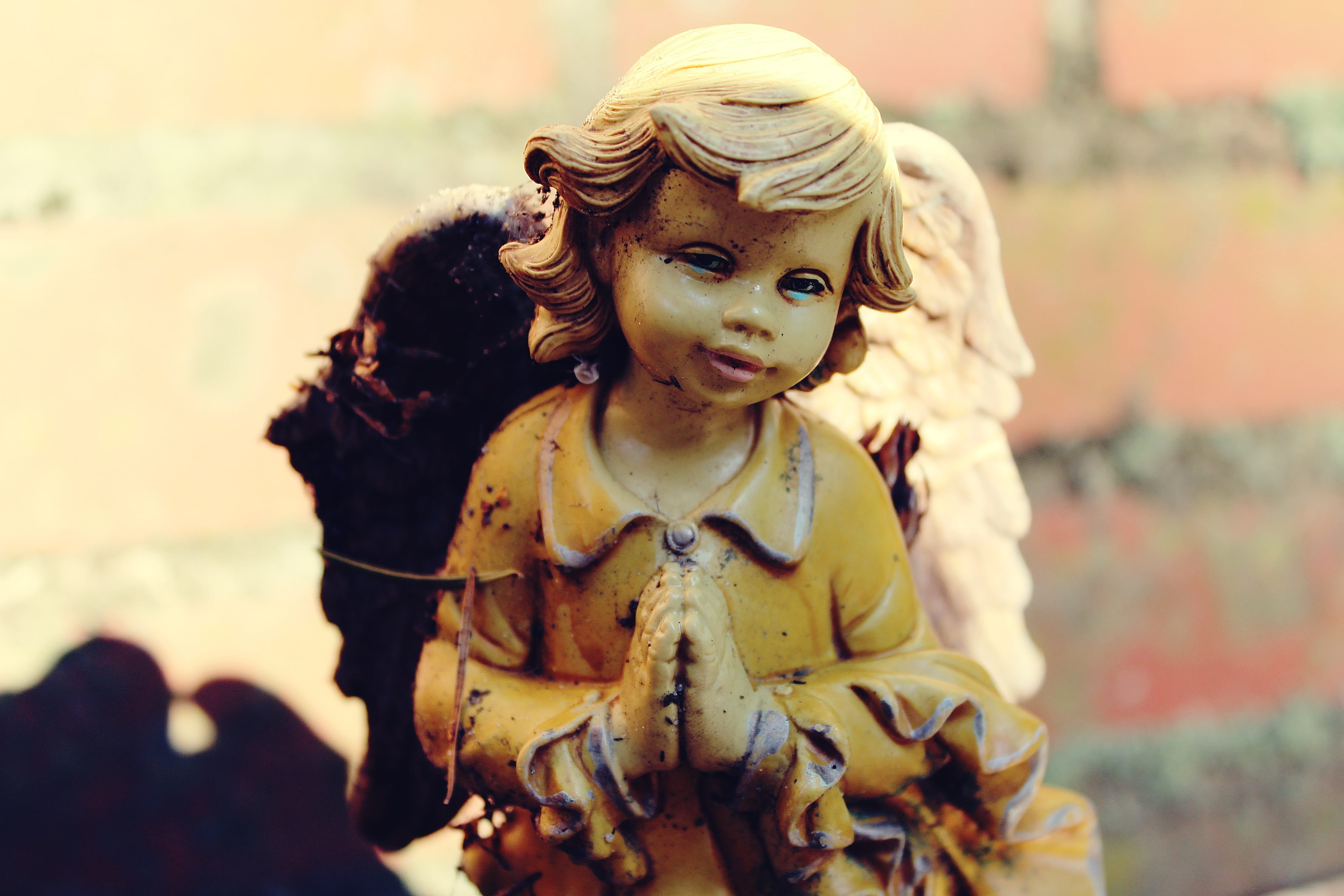 child, figurine, childhood, gold, people, commemorate, pray, clothing, 4K, looking at camera, sunlight, nature, representation, dressed, angel, wall, sun, HD Wallpaper