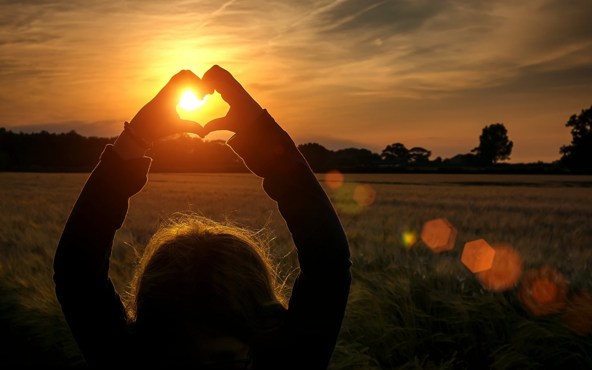 raise, arms raised, heart shape, young Adult, girl, full screen, meadow, silhouette, hands, sky, cloudy, sun, lifestyles, men, yellow, holding, HD Wallpaper