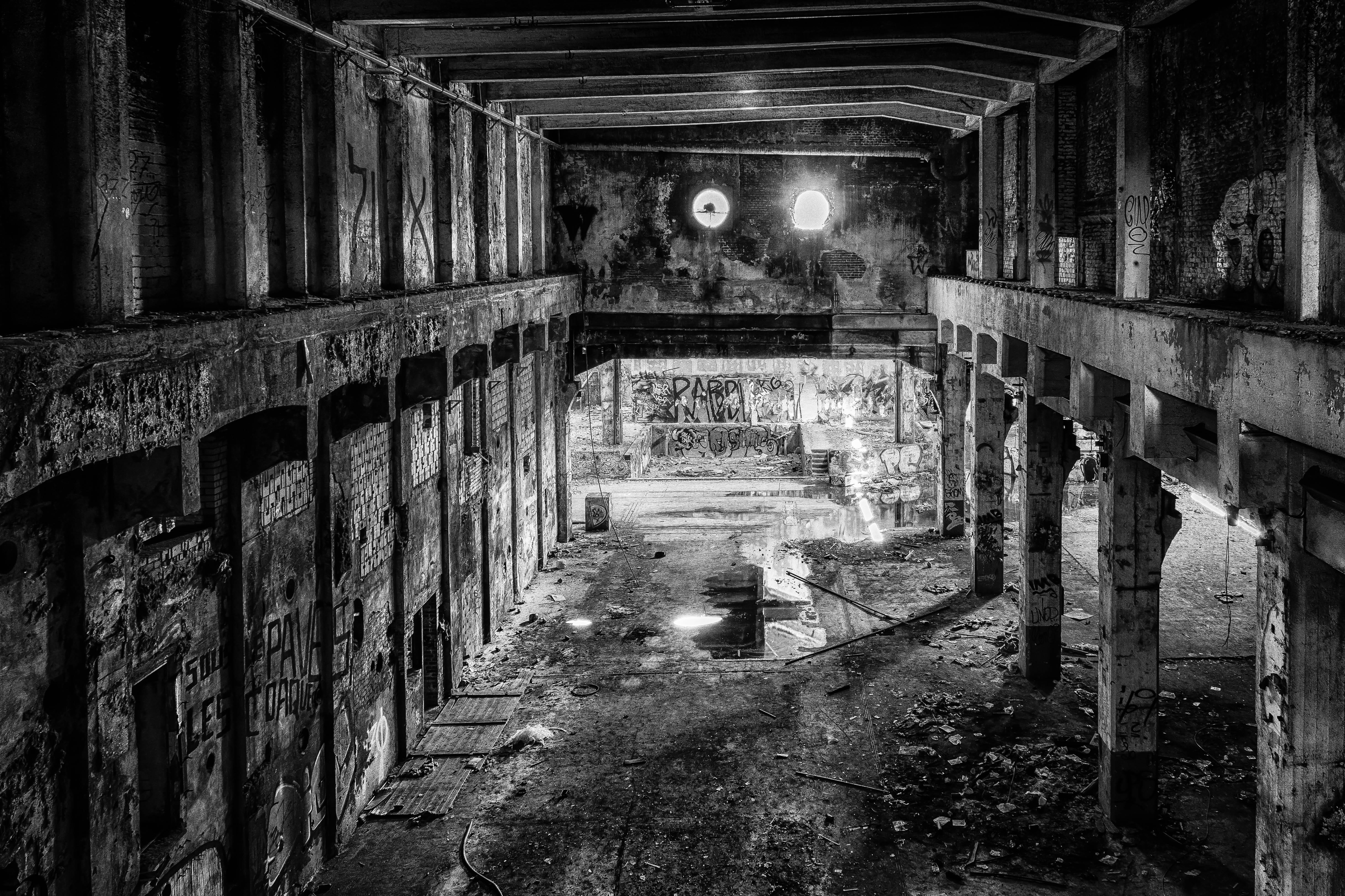 grayscale, hall, bridge, underground, stone wall, architectural column, direction, old factory, weathered, decay, no people, lapsed, lost places, pforphoto, HD Wallpaper