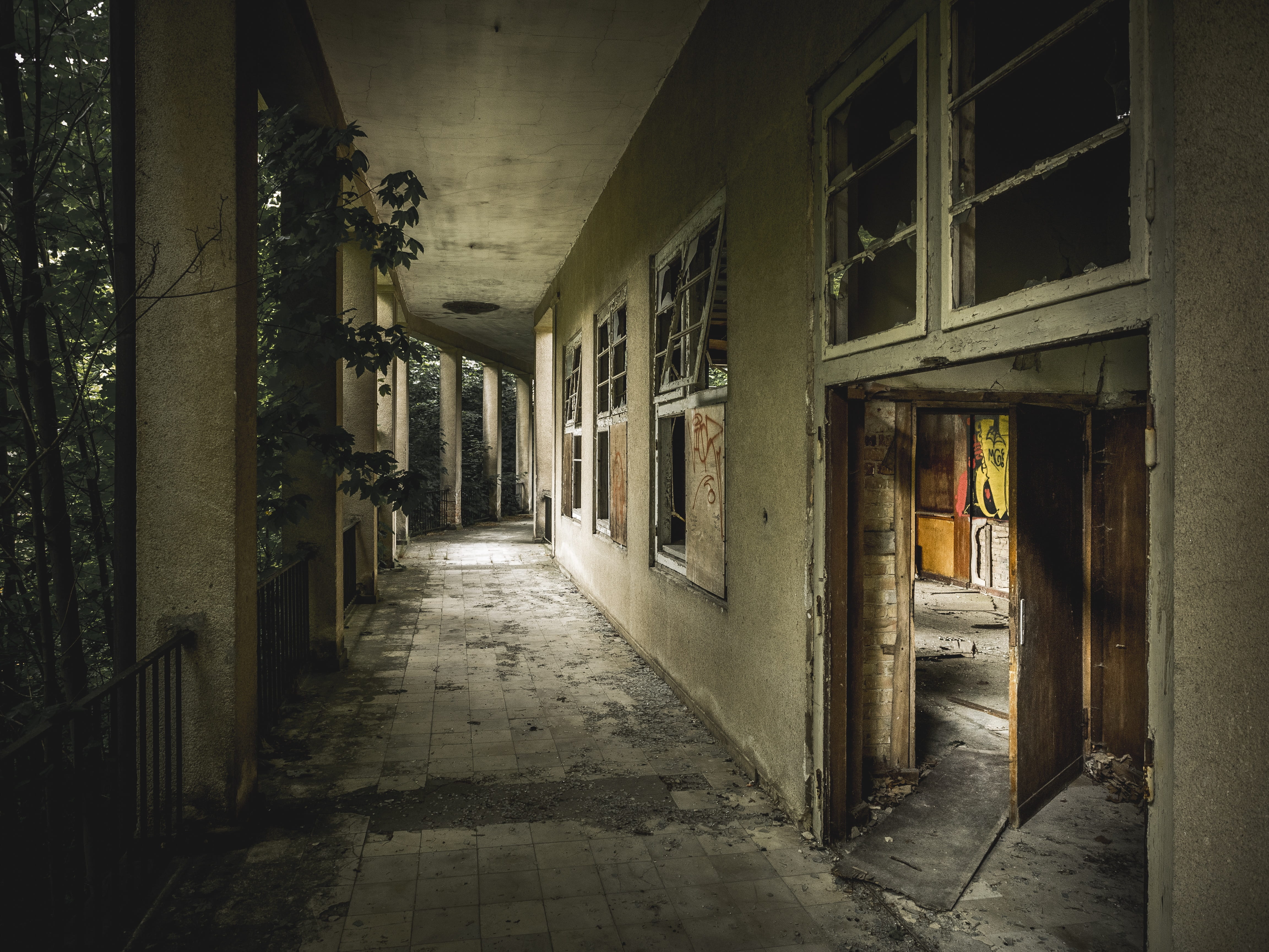 hospital, secret, long, empty, gloomy, pforphoto, mystical, fear, abandoned building, lost place, entrance, built structure, absence, footpath, creepy, HD Wallpaper