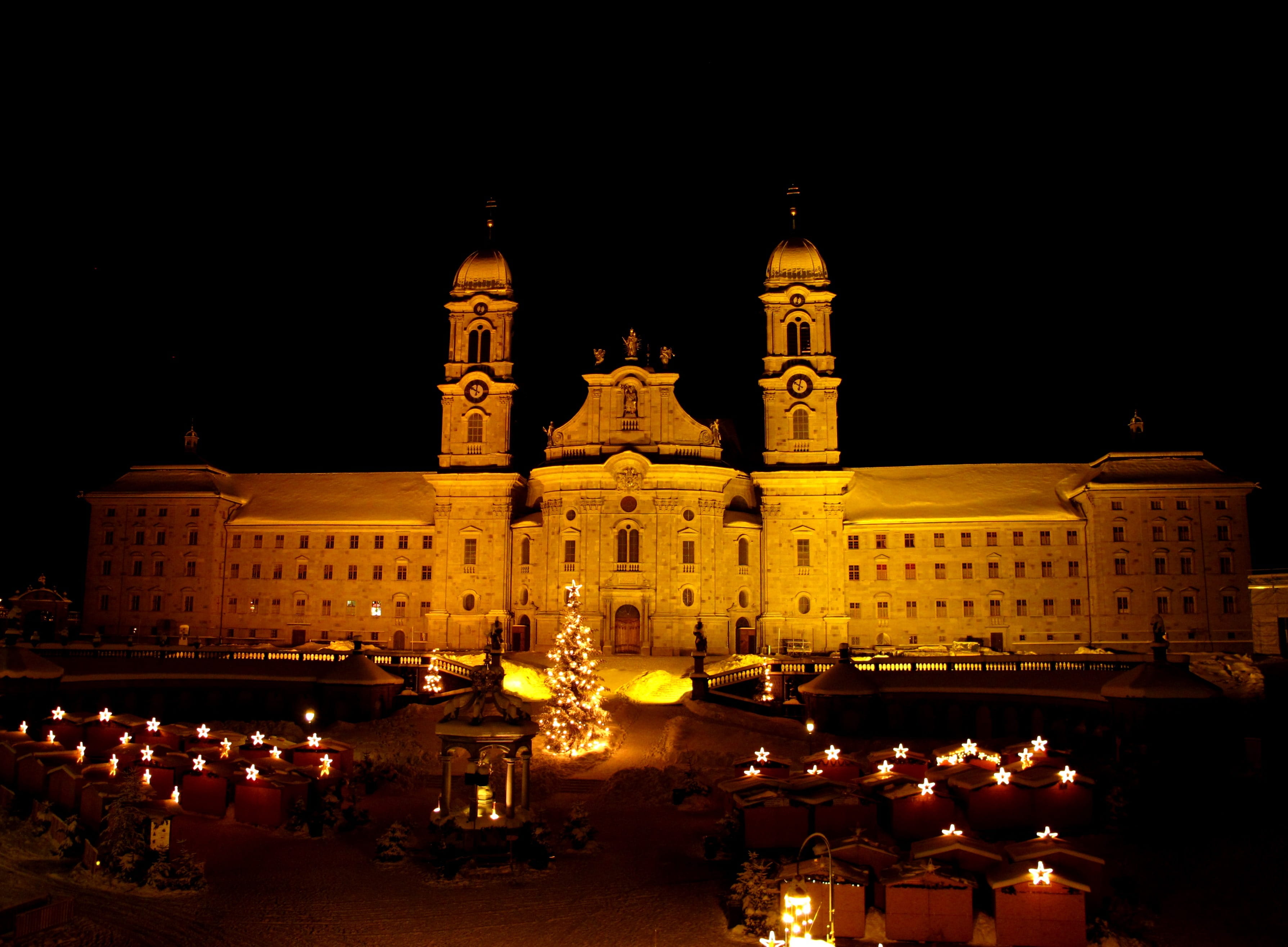 2K, architecture, Monastery, einsiedeln monastery, building, Einsiedeln, outdoors, sky, history, city, built structure, market, religion, tourism, place of worship, HD Wallpaper