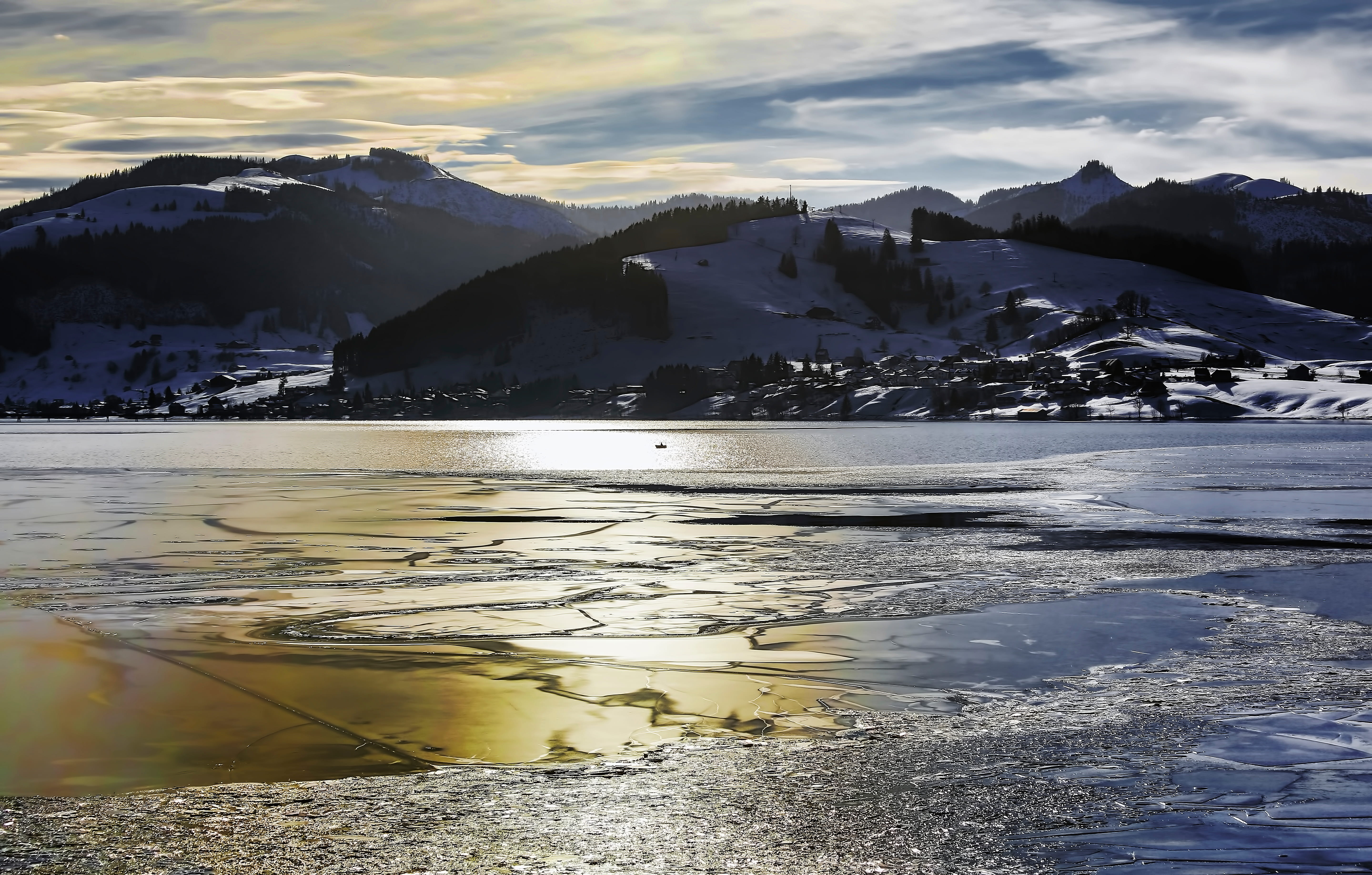 switzerland, mountain, gold, snowcapped mountain, outdoors, cloud - sky, cold temperature, landscape, beauty in nature, 5K, boat, einsiedeln, lake, water, HD Wallpaper
