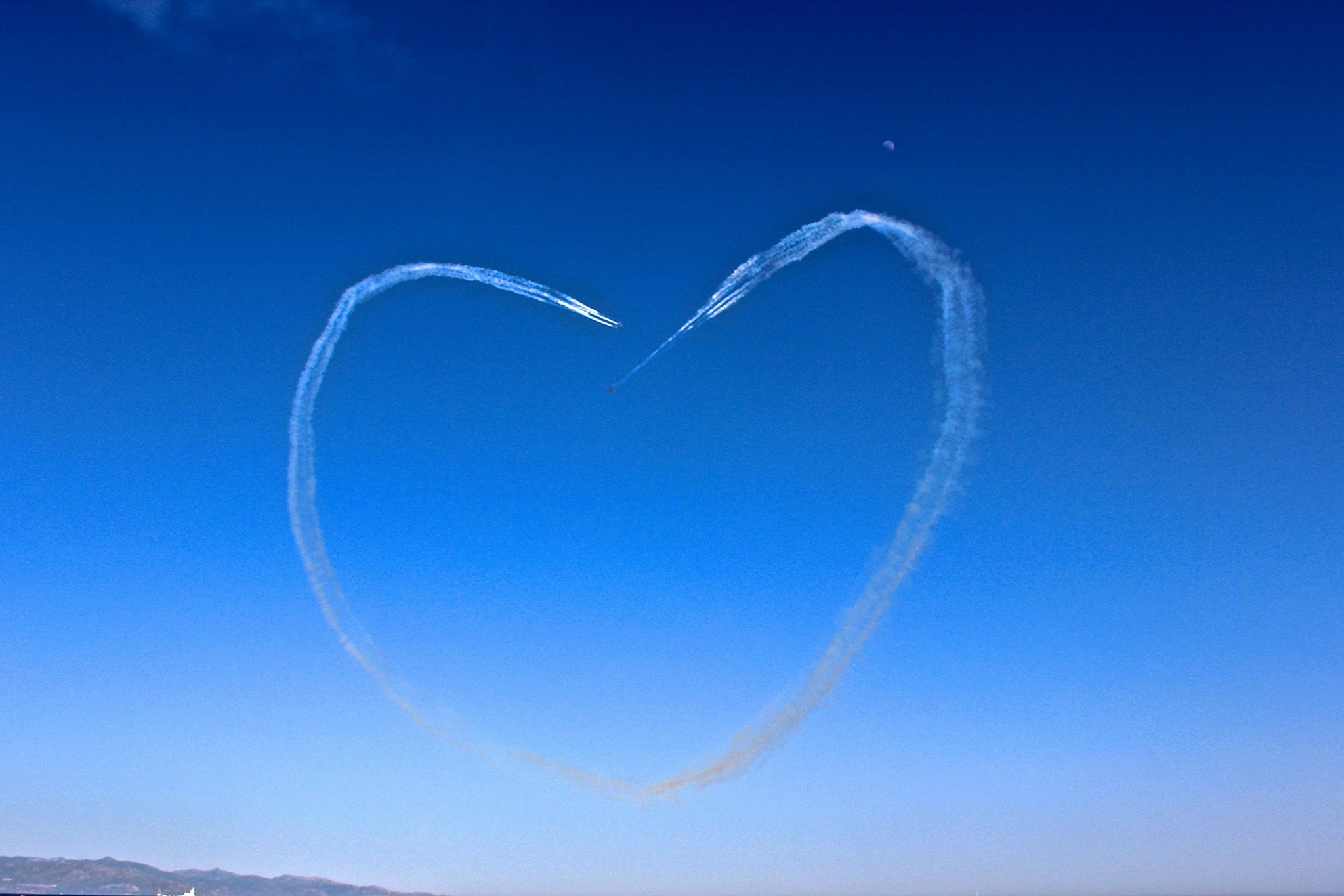 clear sky, air vehicle, on the move, solidarity, love, no people, heart, nature, motion, painting in the sky, day, vapor trail, heart shape, shape, blue, HD Wallpaper