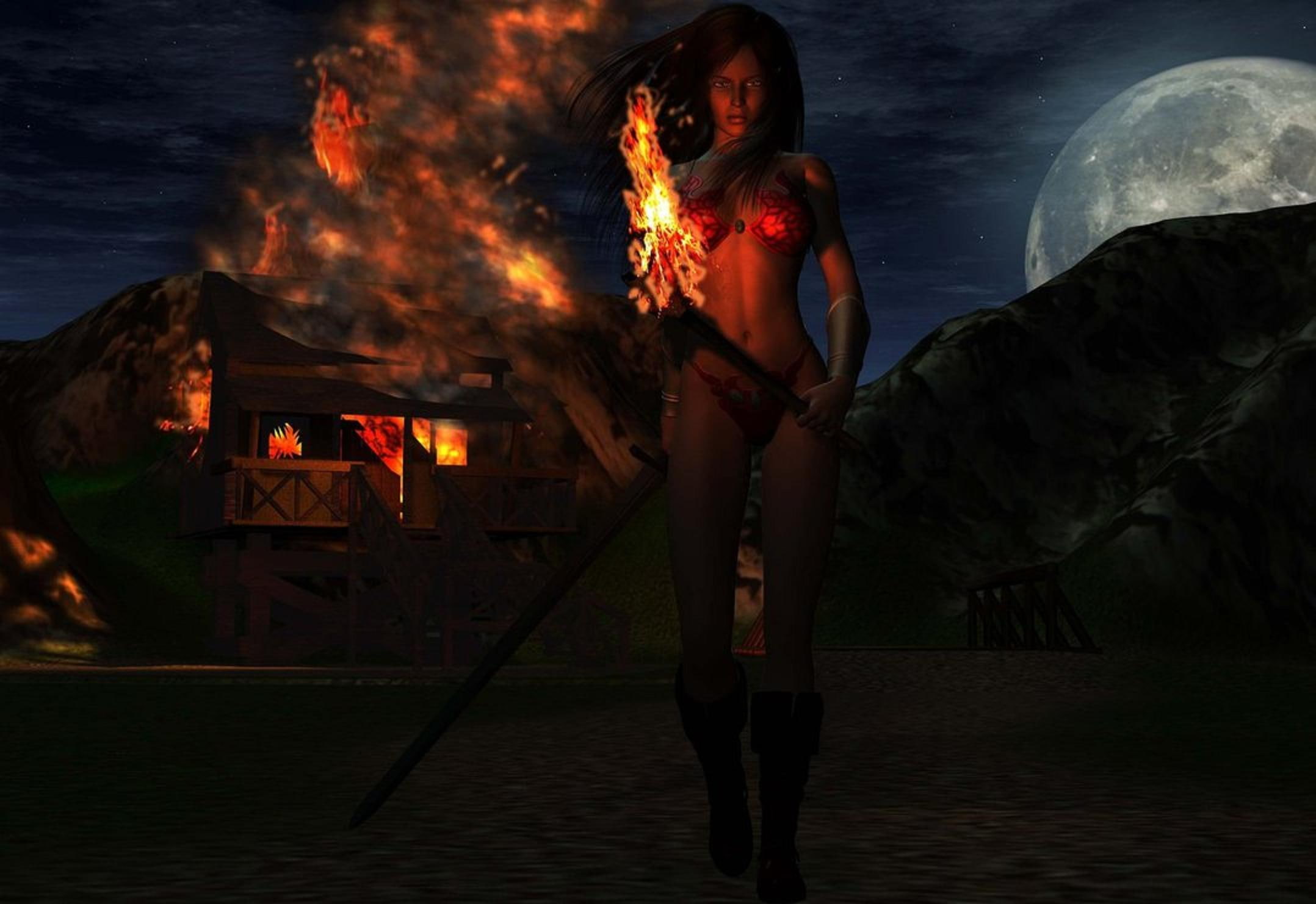 tyris, flames, female, games, 1080P, video games, moon, goden axe, night, tragedy, fire, sword, flare, HD Wallpaper