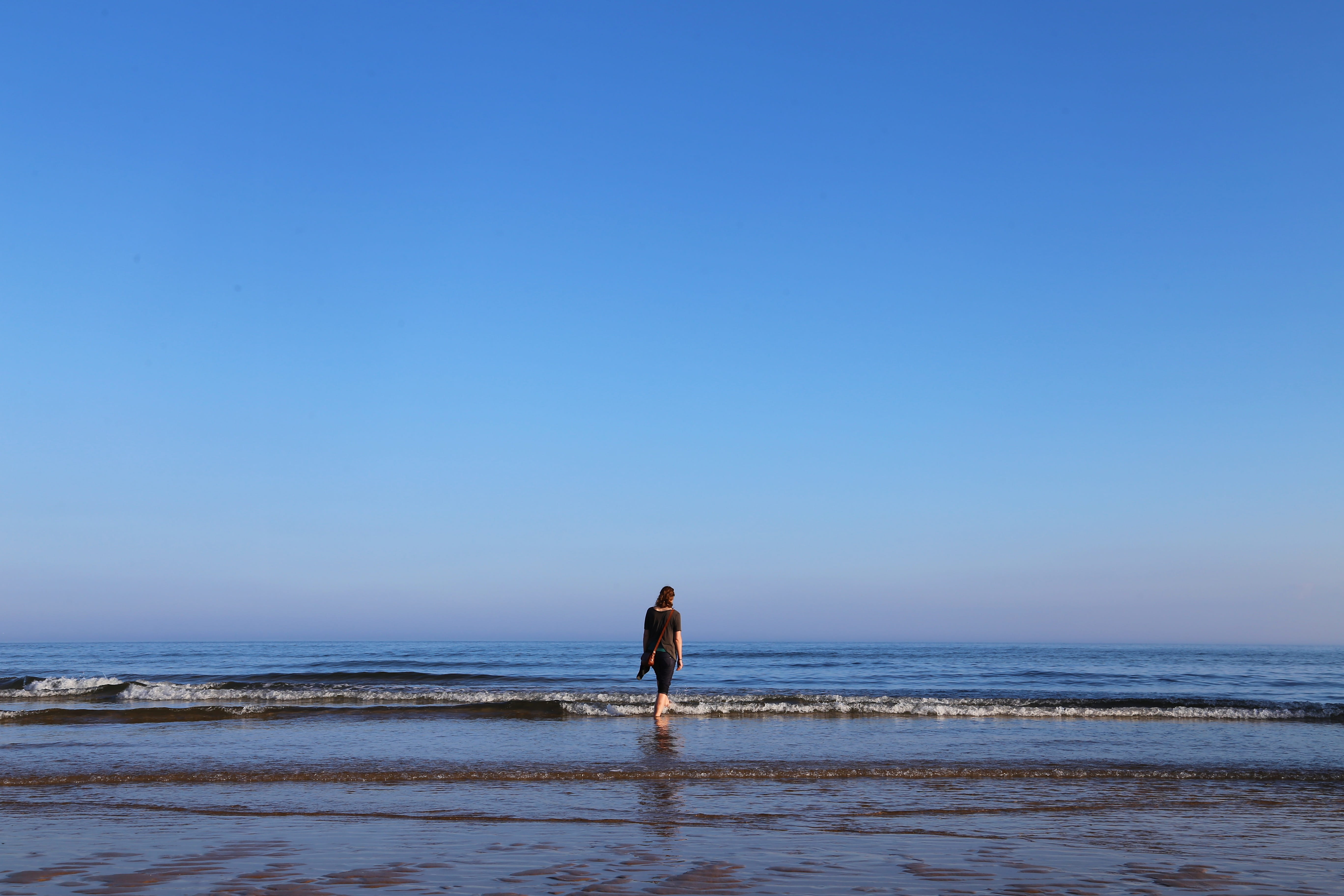 faith, life, lonely, copy space, wander, standing, horizon, away, observe, empty, one person, leisure activity, beach, 5K, feet, blue, scenics - nature, HD Wallpaper