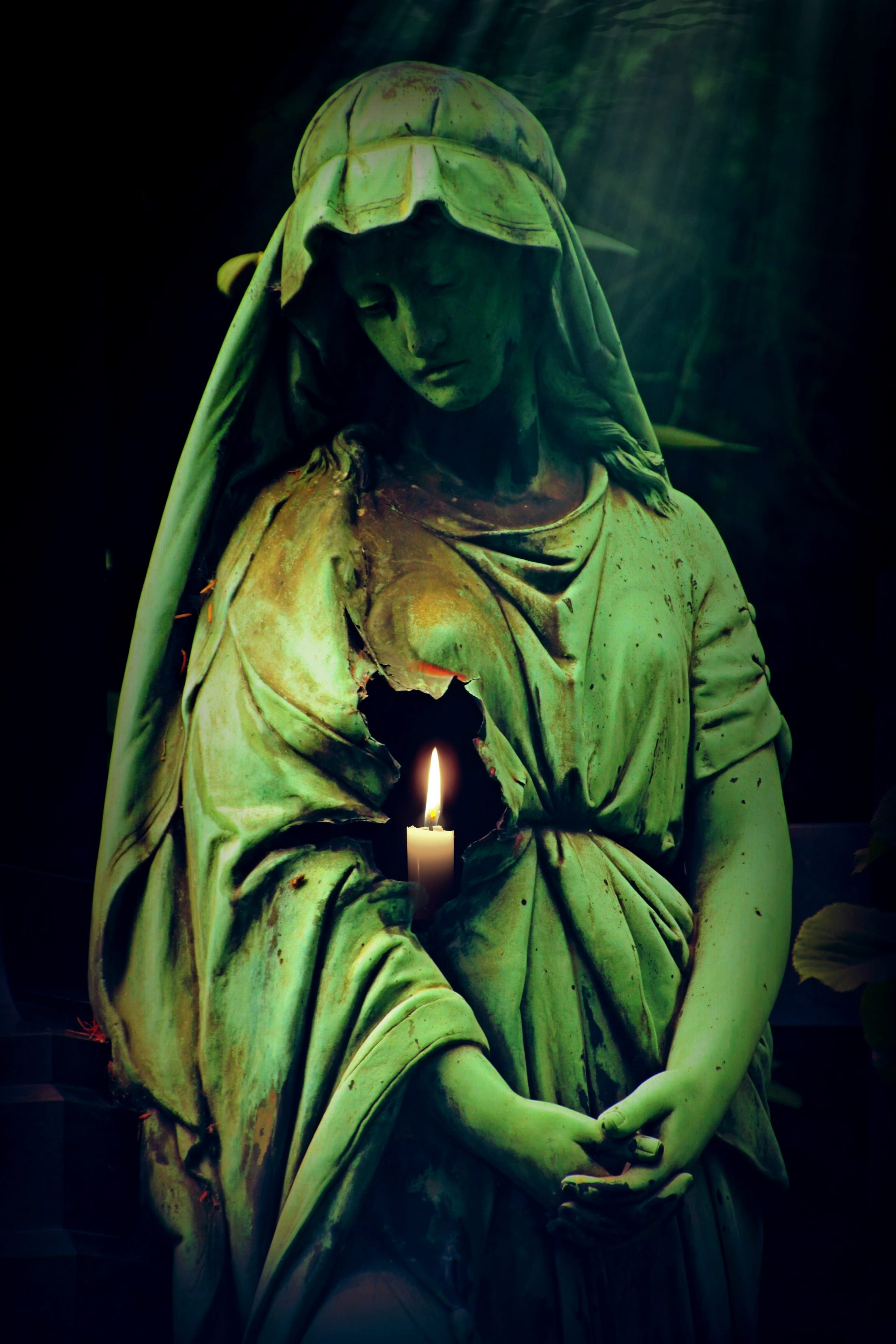 statue, mystical, nature, illuminated, spiritual, hope, pray, religion, representation, female likeness, belief, indoors, 2K, faith, fire, light, Phone HD Wallpaper