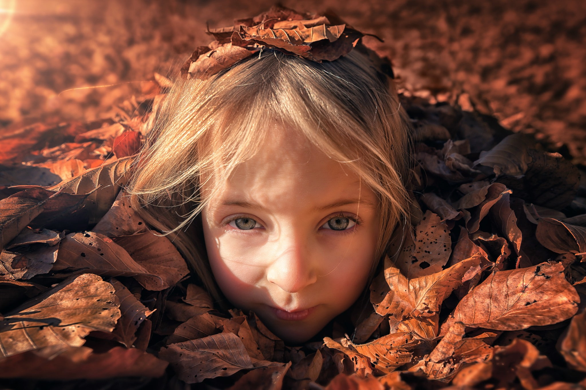 children, 1080P, blue eyes, leaves, blonde, dry, HD Wallpaper