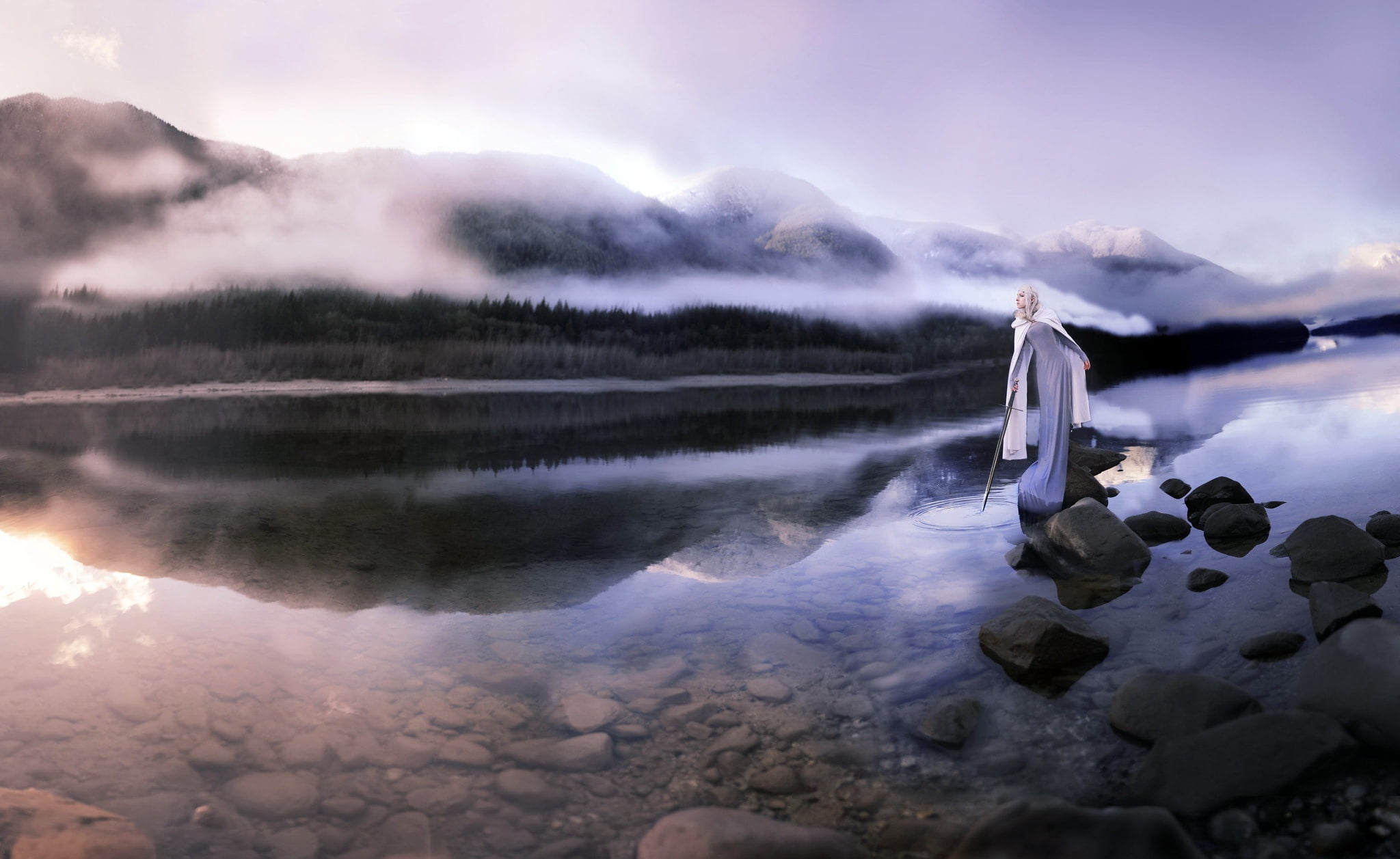 mountains, virgin, fog, sword, 1080P, morning, river, HD Wallpaper