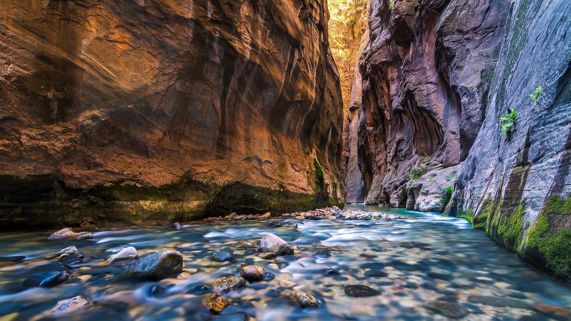 1080P, rock formation, day, scenics - nature, formation, surface level, eroded, water, solid, tranquil scene, virgin river, flowing water, canyon, rock - object, HD Wallpaper