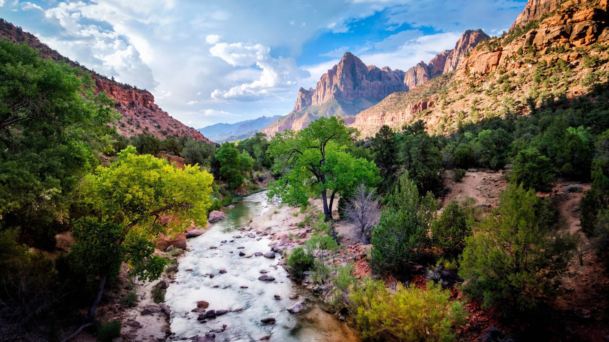 clouds, landscape, zion, virgin, ultra, park, national, blue, river, k, rocky, hd, united, white, trees, mountains, sky, 2K, america, states, HD Wallpaper
