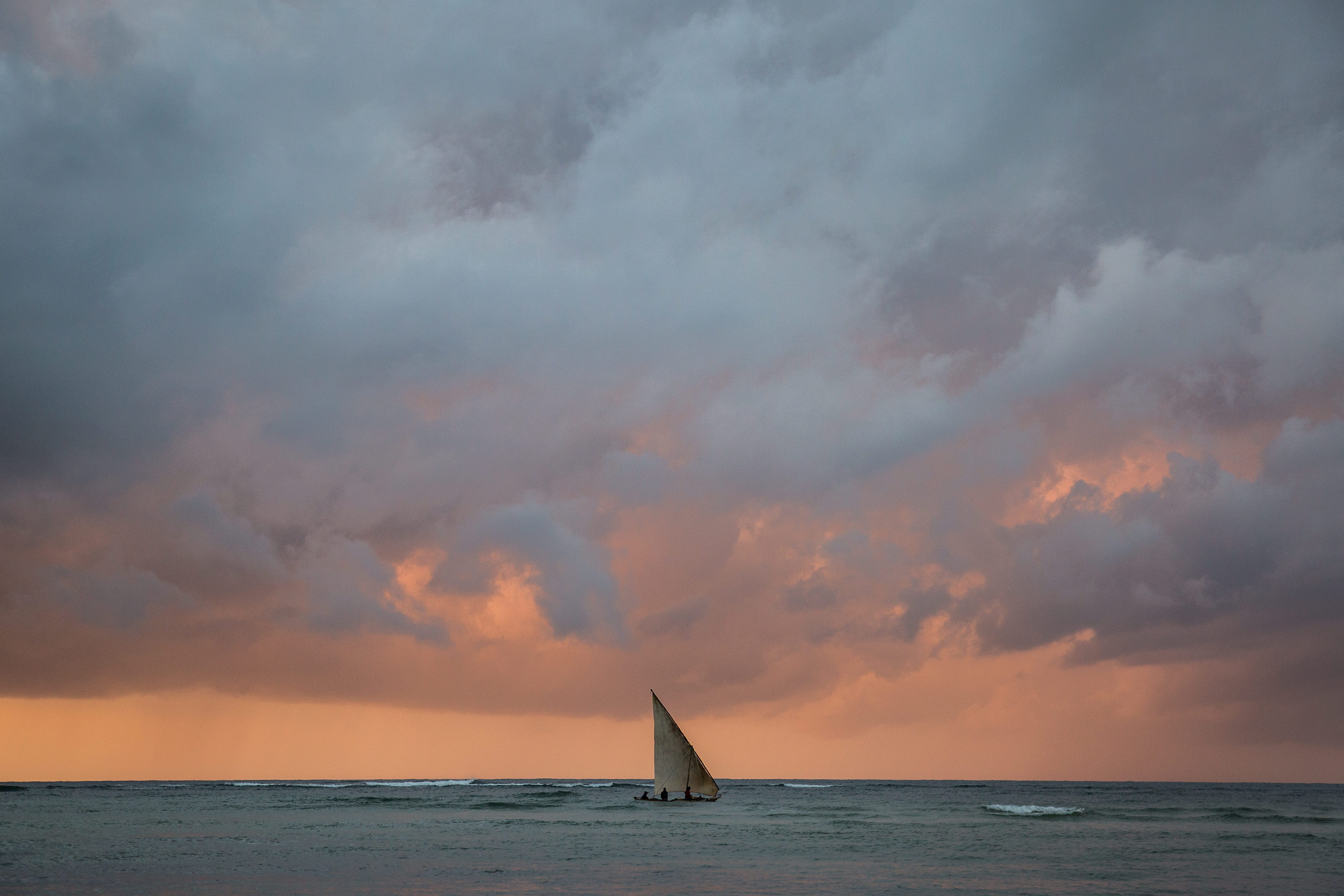 orange hue, ocean, mode of transportation, sunrise, kenya, sunset, nature, 5K, water, outdoors, tranquility, mombasa, scenics - nature, sea, cloud - sky, HD Wallpaper