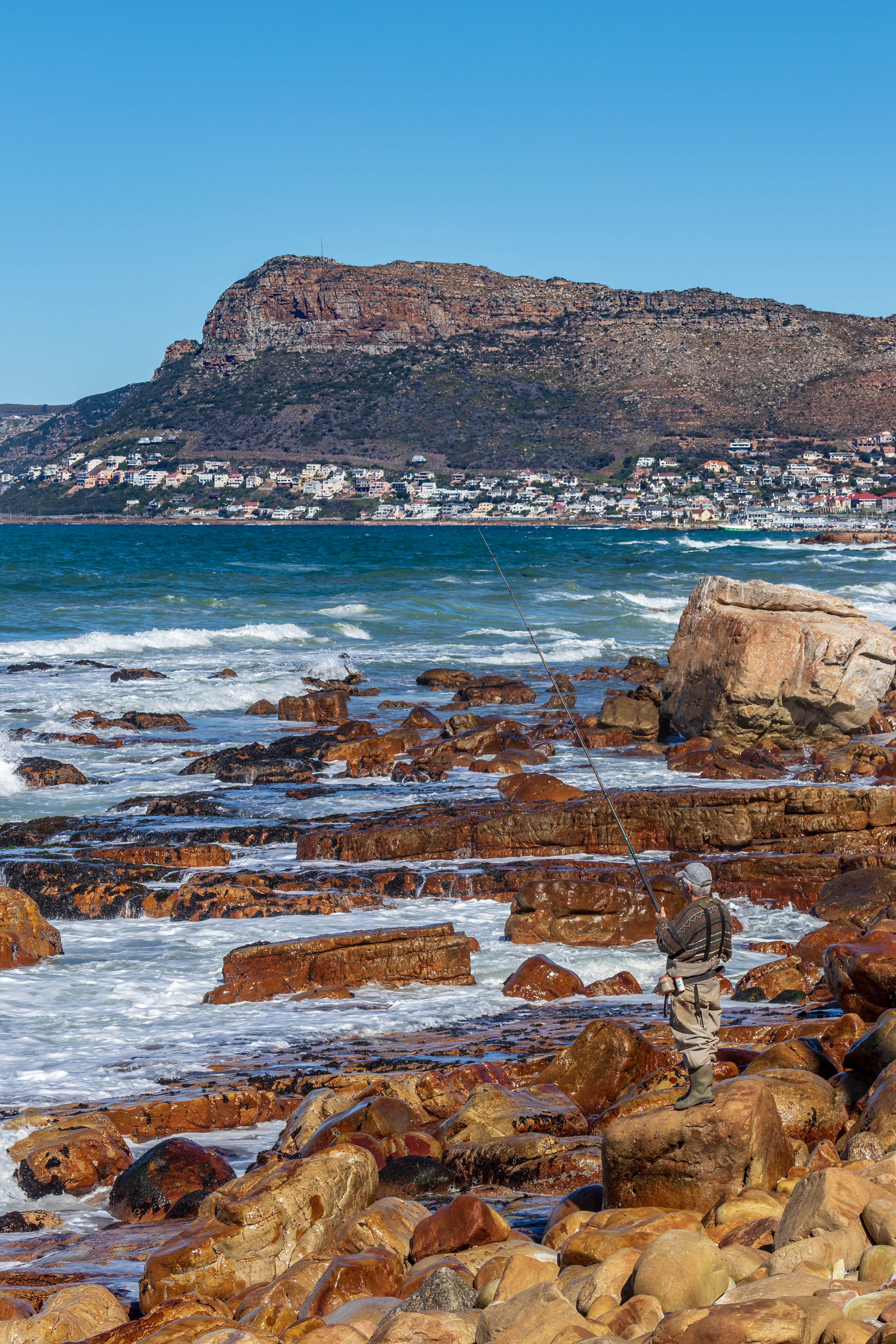cape town, beauty in nature, tranquil scene, mountain, sea, 5K, muizenberg, south africa, day, rocky coastline, blue, beach, rock, nature, clear sky, rock formation, Phone HD Wallpaper