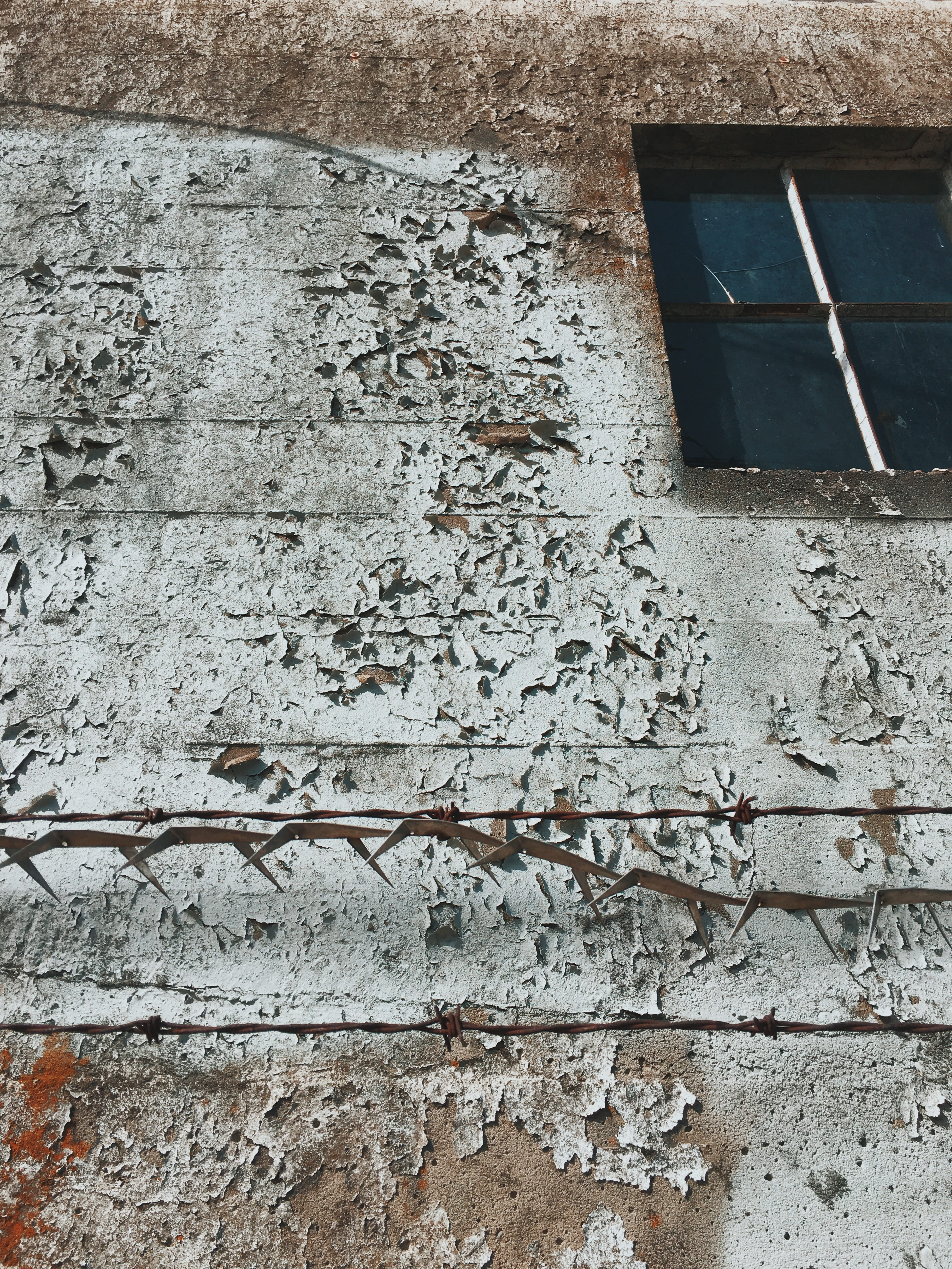 barbed wire, peeling off, textured, cement, day, crackle, contrast, house, architecture, paint, se portland, no people, building exterior, vintage, window, Phone HD Wallpaper