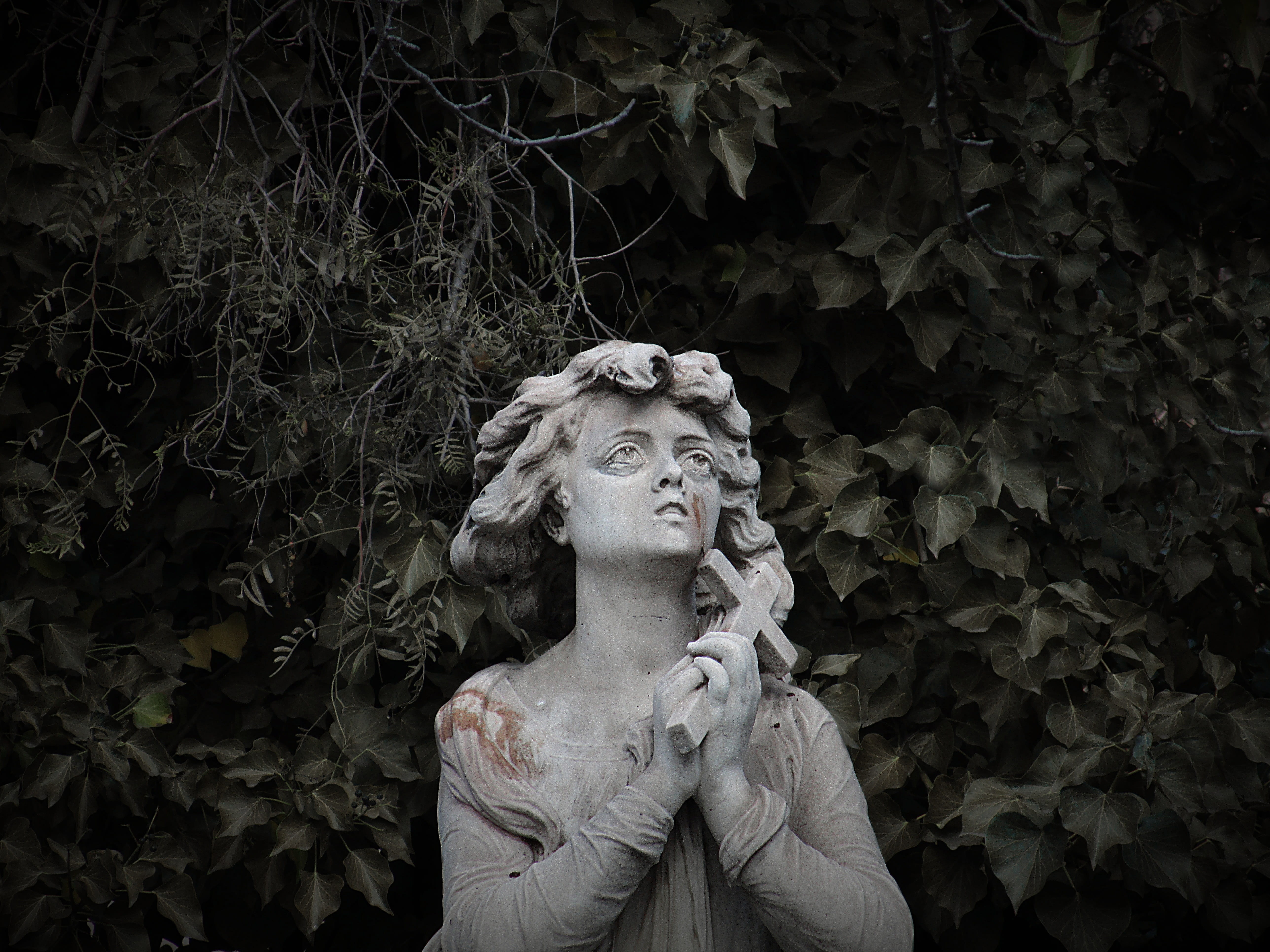statue, sad, front view, leaf, soledad, holding, near, hairstyle, real people, sculpture, outdoors, cemetery, woman, cross, sadness, plant, 5K, art and craft, HD Wallpaper