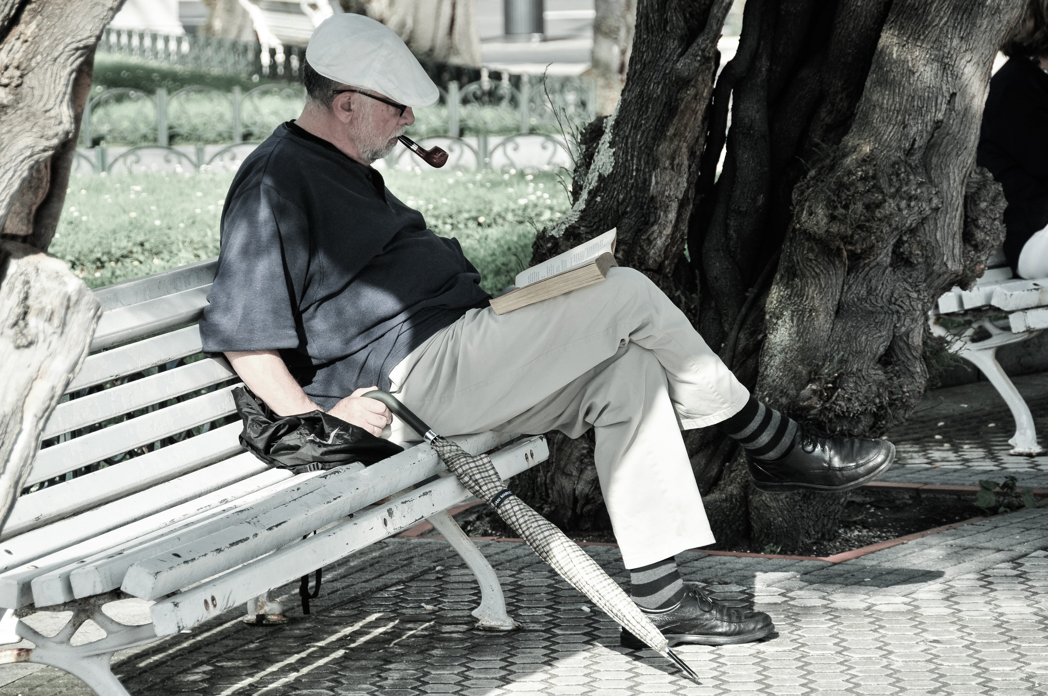 mature men, umbrella, full length, seat, day, 4K, contemplation, pipe, senior men, one person, soledad, lifestyles, tree, person, tree trunk, book, park, HD Wallpaper
