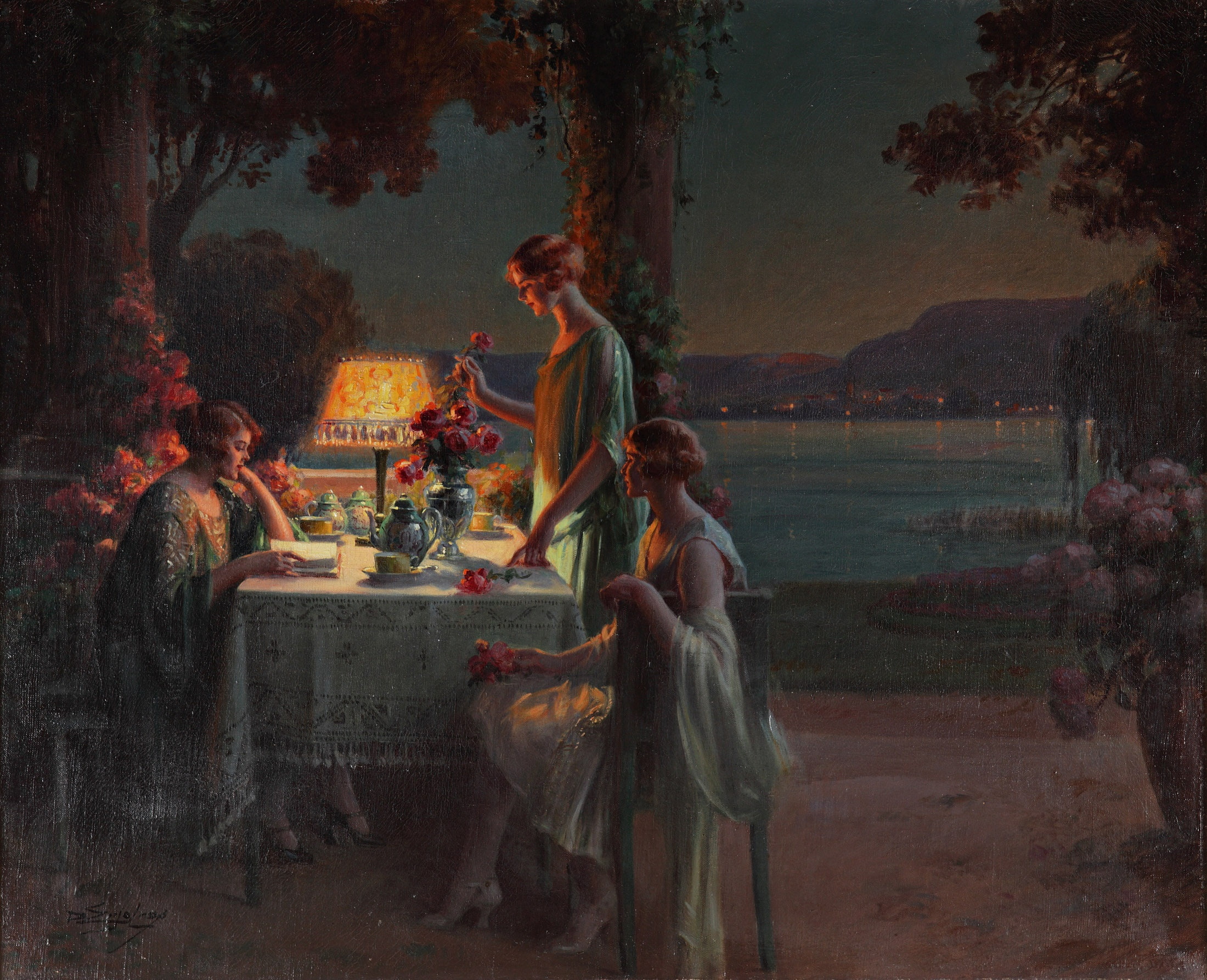 Academism, the evening, on the shores of lake, Young women, flowers, Dolphin Angola, the tea party, 1080P, HD Wallpaper