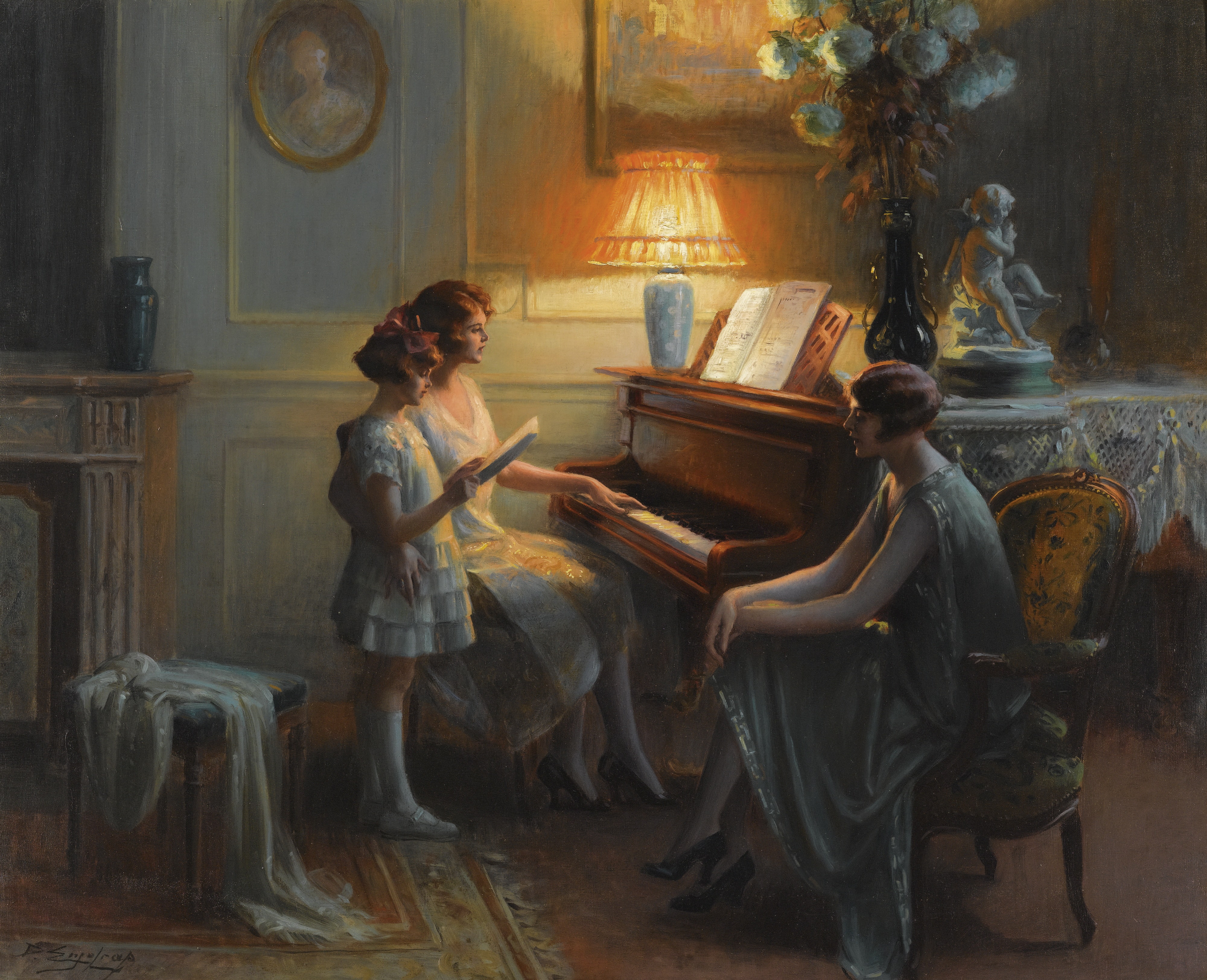 piano, oil, Singing lesson, flowers, 4K, the evening, lamp, Dolphin Angola, Academism, HD Wallpaper
