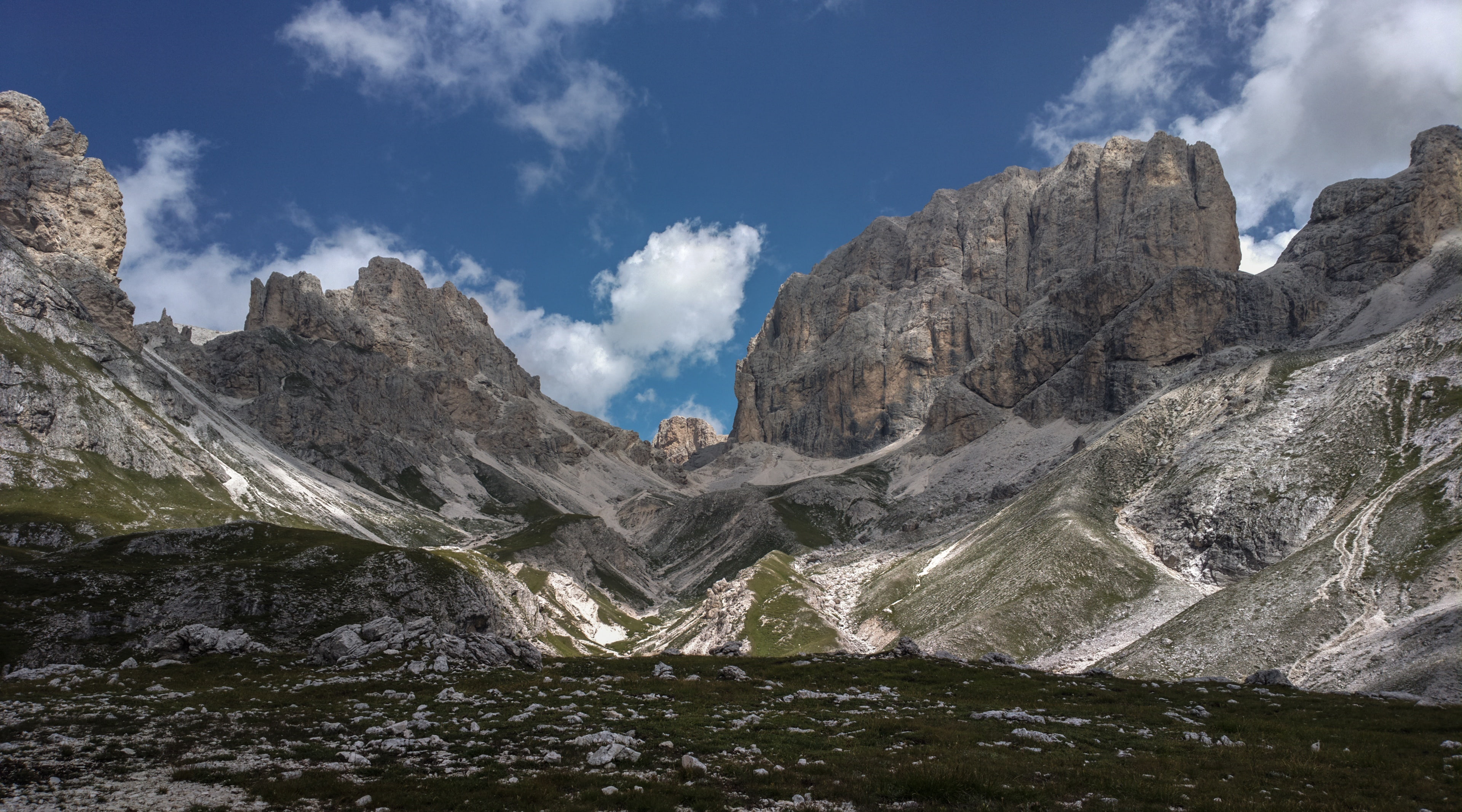 trentinoaltoadige, outdoors, environment, tranquility, Scenery, eroded, Rosengarten, southtyrol, day, rock, range, 4K, mountain range, solid, sky, trekking, HD Wallpaper