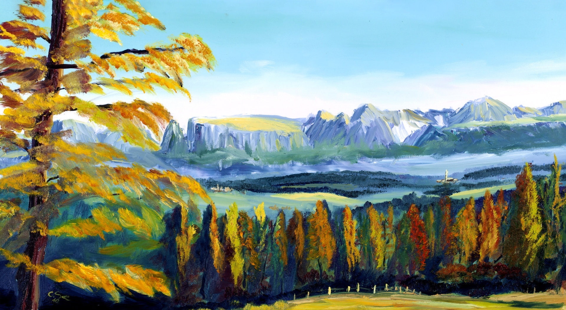 dolomites, cloud - sky, Painting, rosengarten, no people, lake, beauty in nature, mountain, 1080P, sky, Artistic, water, Drawings, Nature, tree, italy, HD Wallpaper
