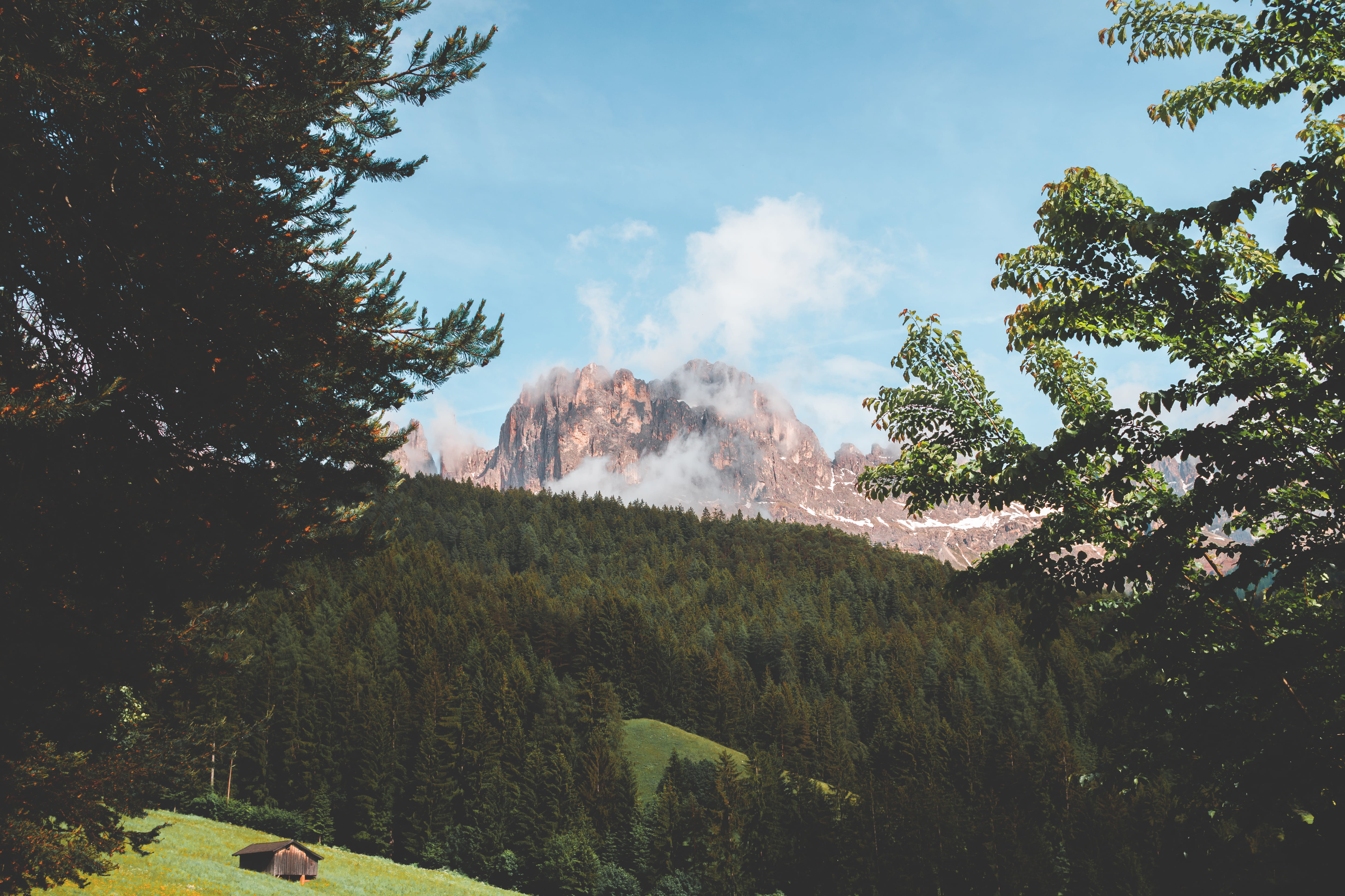 sunlight, non-urban scene, mountain peak, nature, dolomites, scenics - nature, environment, smoke - physical structure, sky, trees, plant, HD Wallpaper