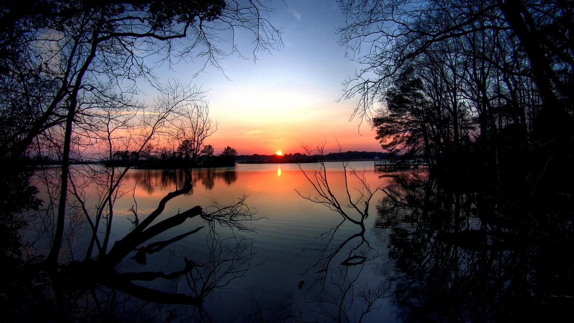 1080P, nature and landscapes, trees, sunrise, lake, reflection, HD Wallpaper