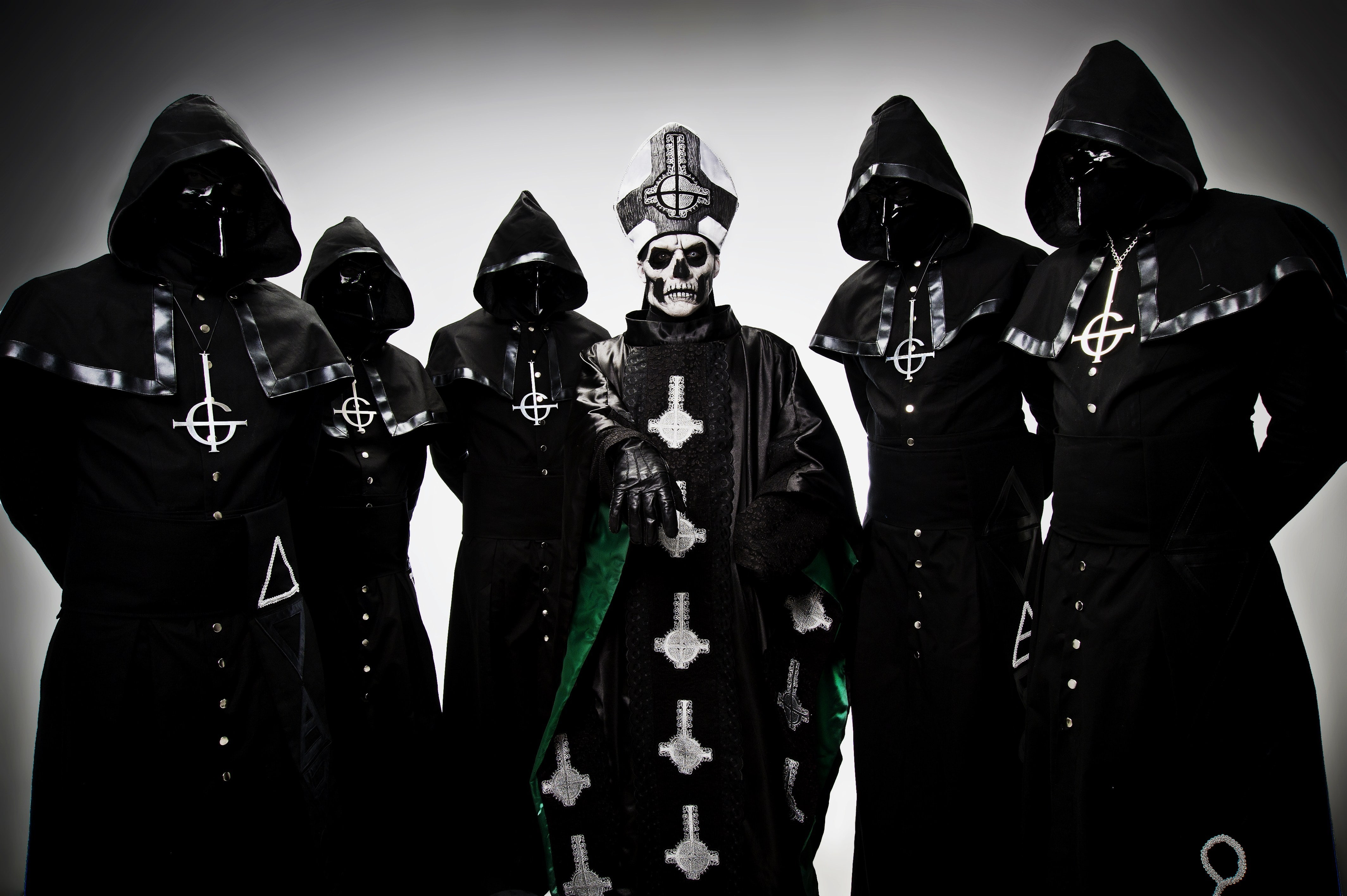 ghost bc, headwear, aggression, standing, obscured face, side by side, indoors, 4K, celebration, waist up, mask, group of people, government, clothing, HD Wallpaper