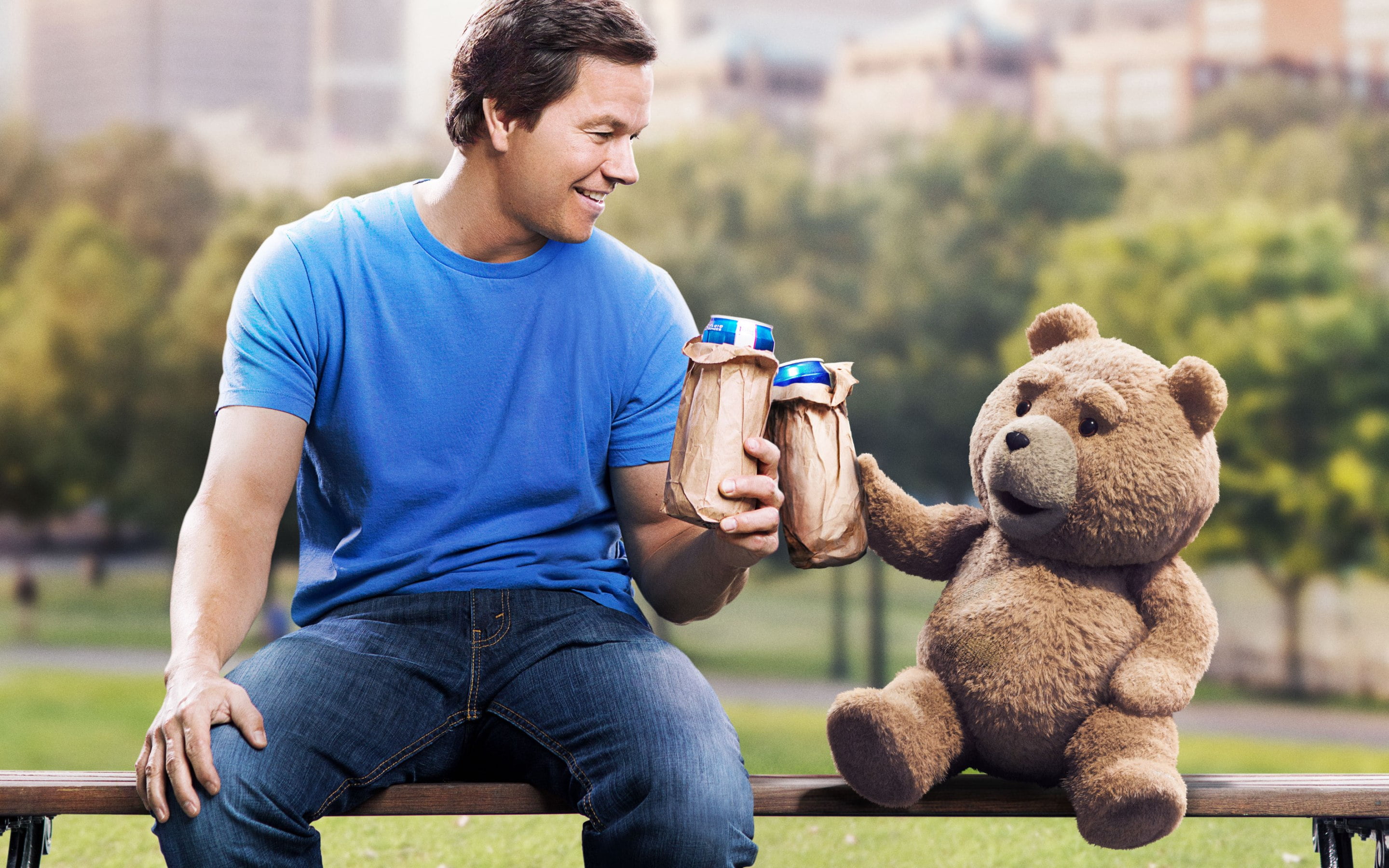 drinking, three quarter length, nature, front view, men, teddy bear, hollywood, teddy, park - man made space, movie, one person, sitting, casual clothing, HD Wallpaper