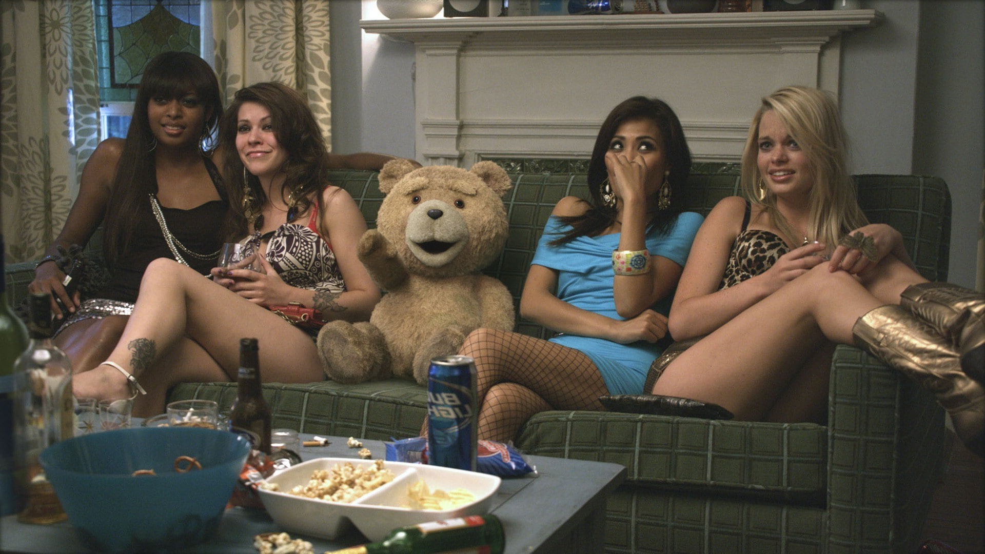 Ted (movie), food and drink, indoors, sitting, Teddy Bears, one animal, front view, legs, three quarter length, beer, real people, Blonde, young women, HD Wallpaper