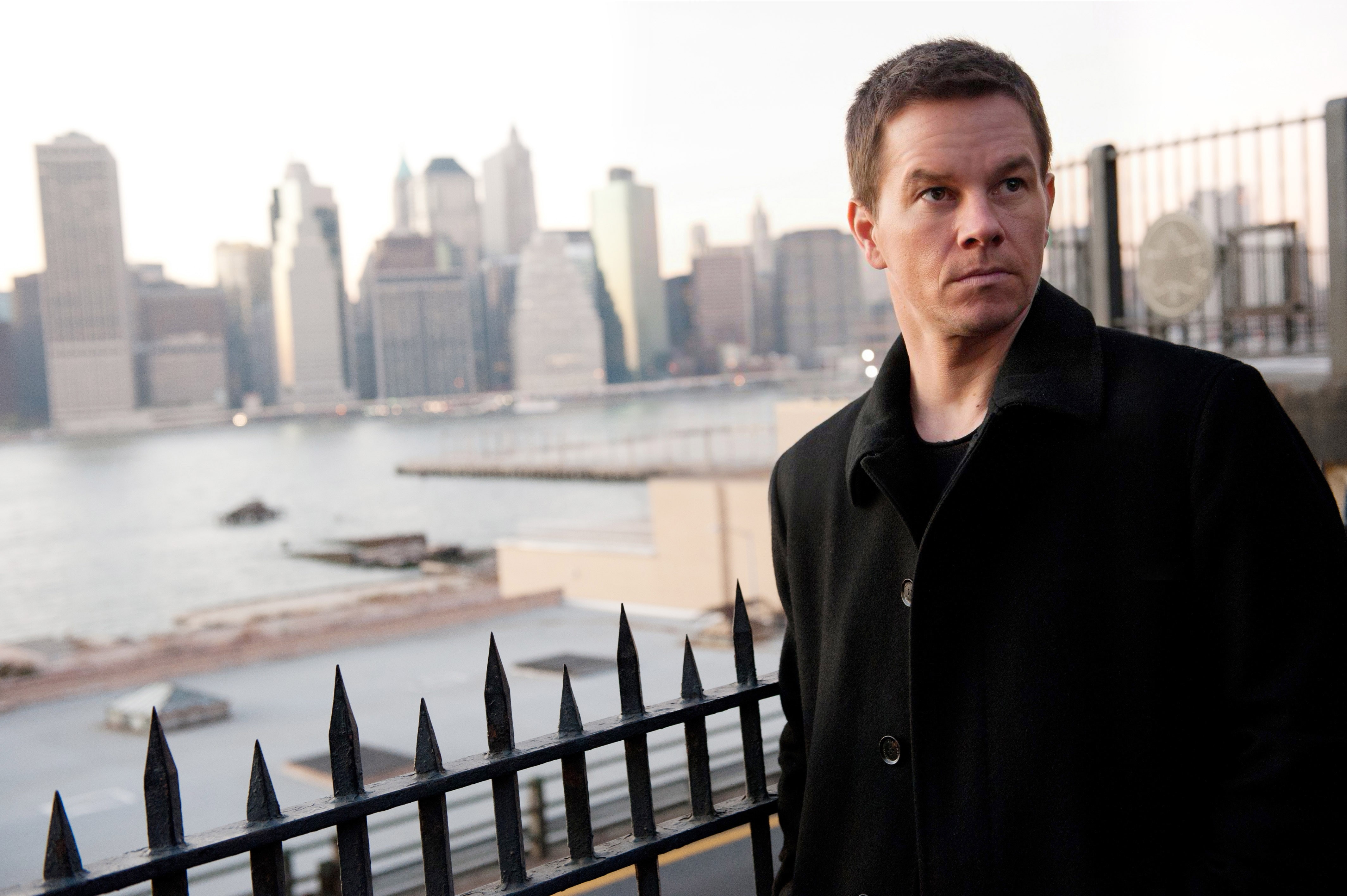 office building exterior, standing, 4K, railing, Mark Wahlberg, looking at camera, skyscraper, building, city life, mid adult men, men, waist up, building exterior, HD Wallpaper
