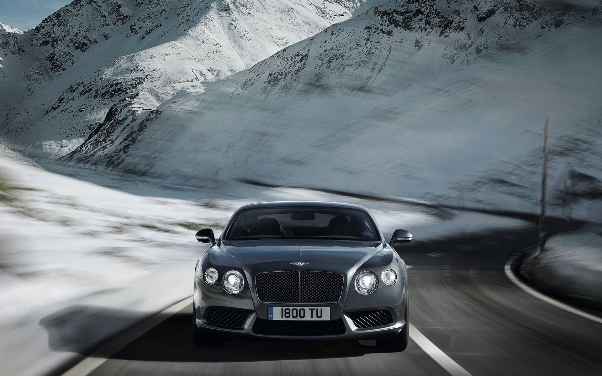 Bentley, Continental, mountain, Snow, scenics - nature, Grey, day, Range, nature, transportation, Road, The front, Winter, Silver, blurred motion, snowcapped mountain, HD Wallpaper