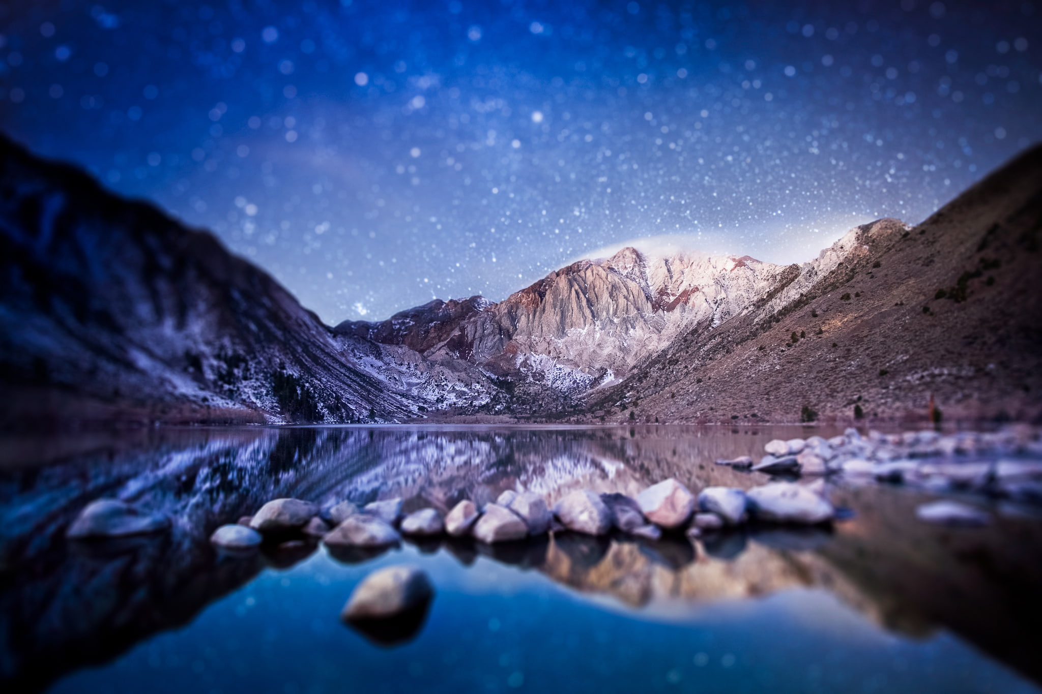 morning, USA, tilt shift, bokeh, 1080P, night, Sierra Nevada in California, mountains, Convict Lake, HD Wallpaper