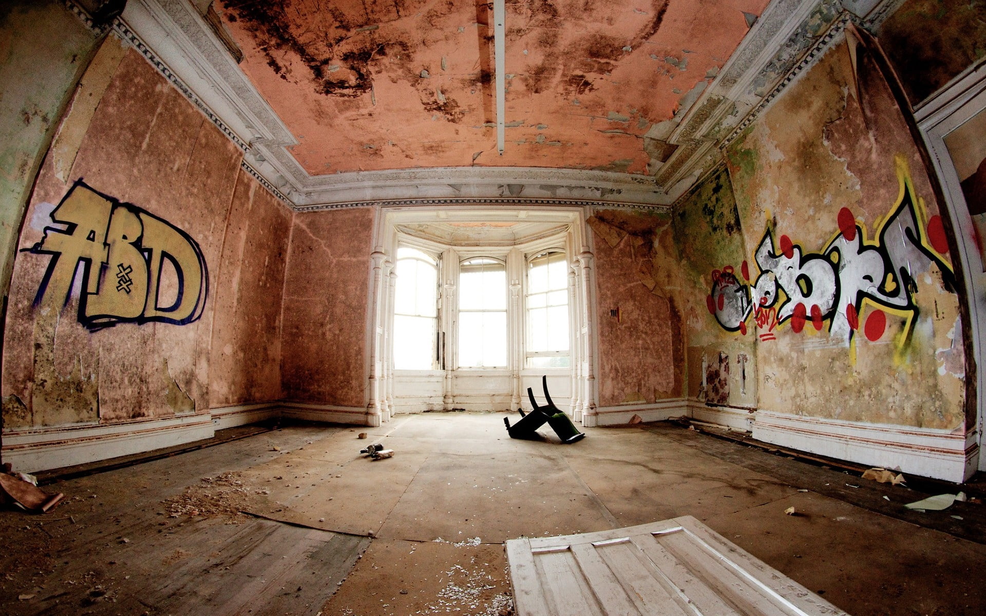 ruined, white, window, dirty, empty, dark, corridor, domestic Room, home Interior, paint, 1080P, vandalism, wall, damaged, door, old-fashioned, bad Condition, HD Wallpaper