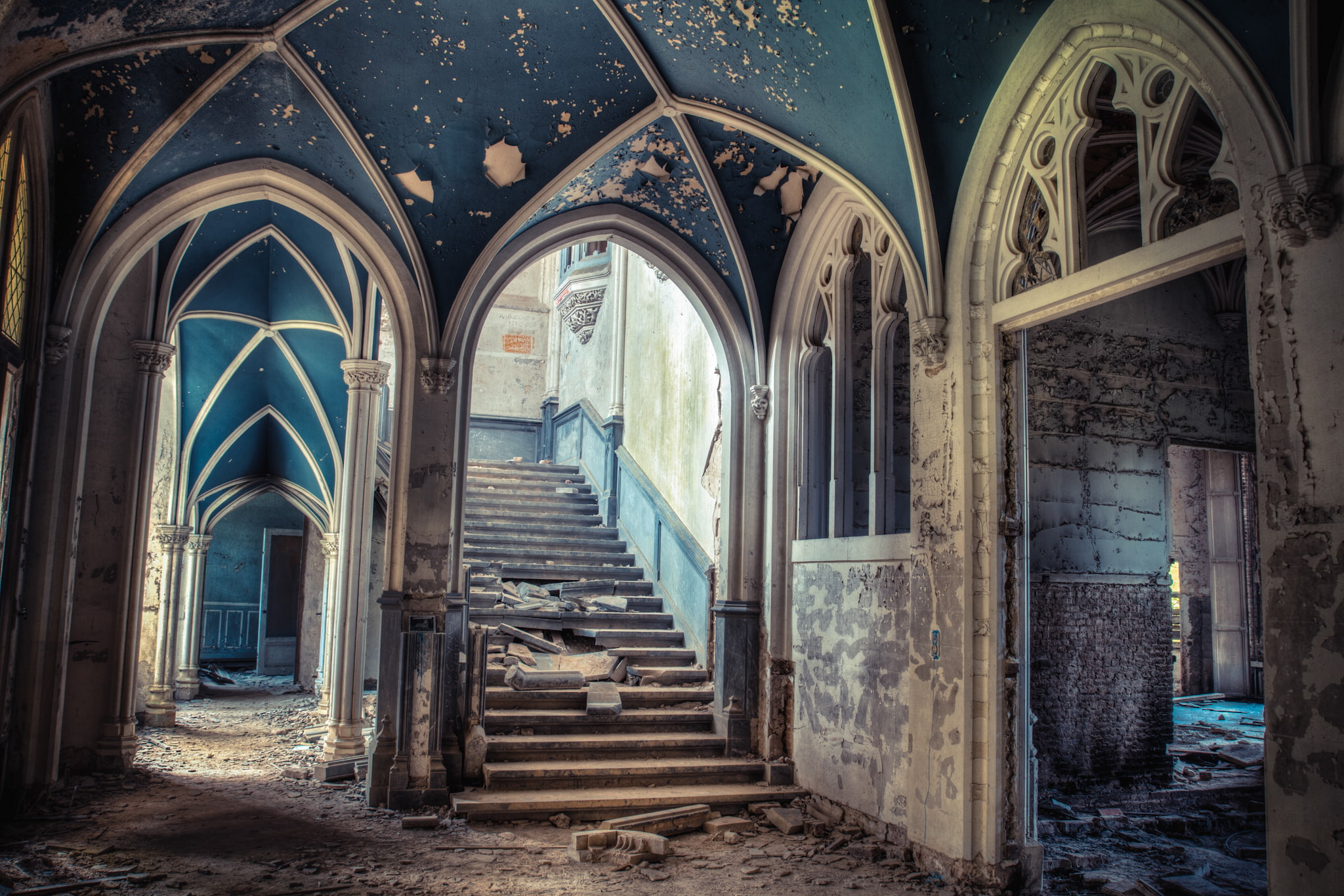 ladder, devastation, steps, abandonment, arch, 1080P, mansion, HD Wallpaper