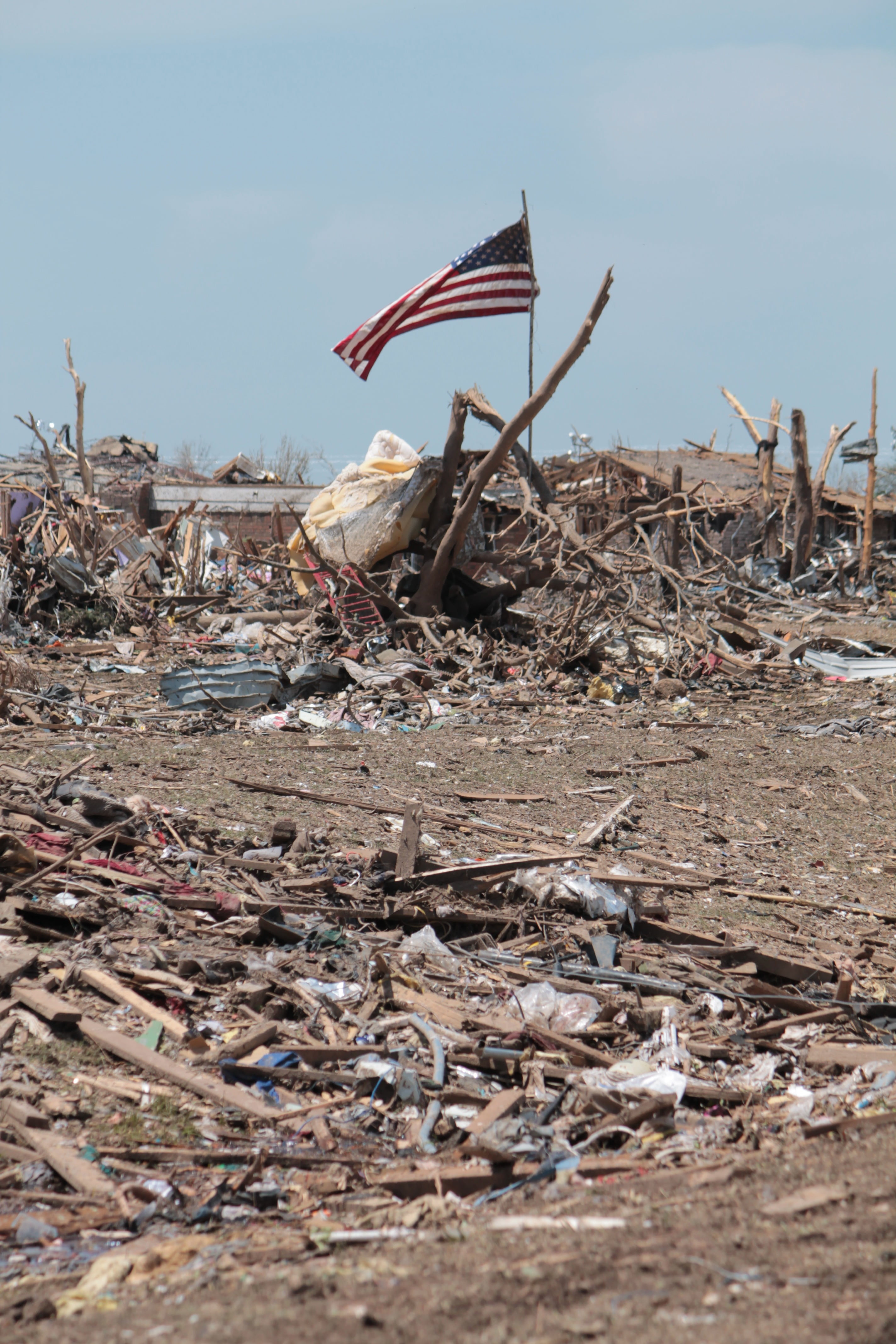 built structure, flag, outdoors, destruction, tornado, nature, disaster, field, day, sky, destroyed, path, land, abandoned, american flag, environment, Phone HD Wallpaper